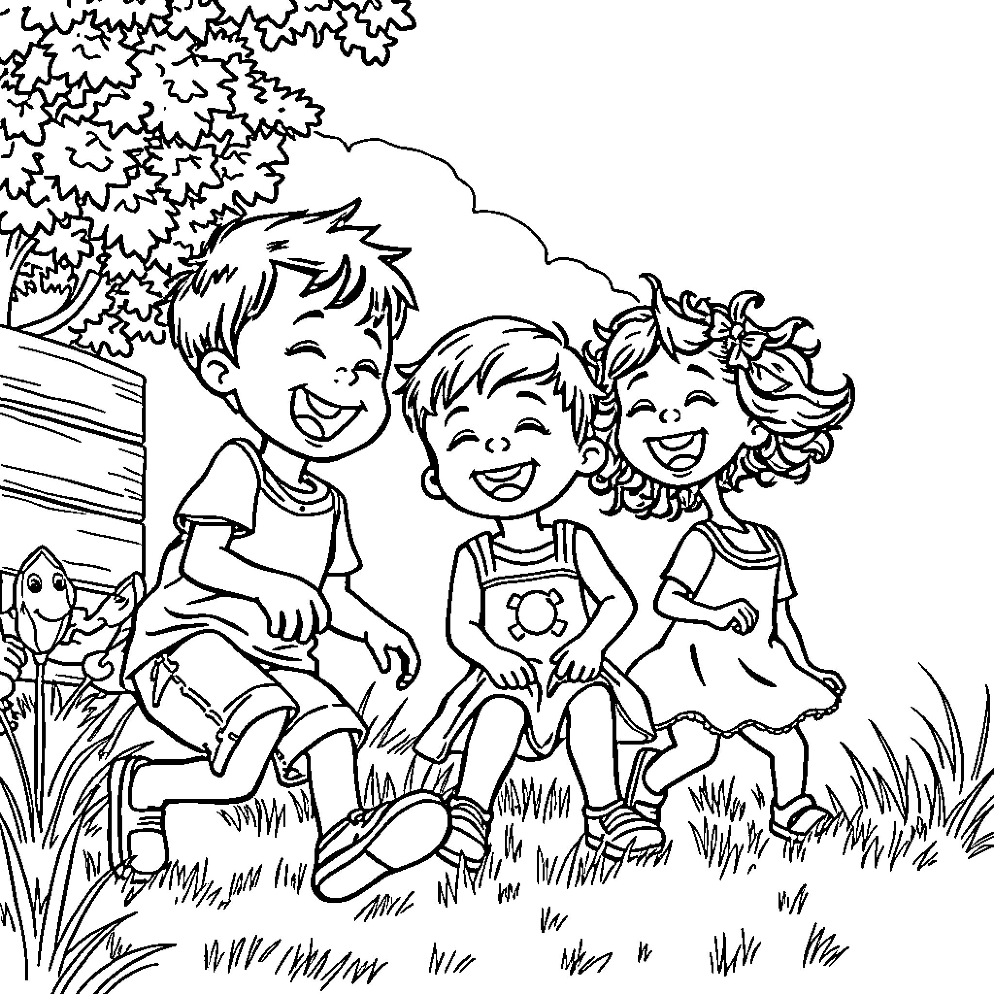 Kid Friends Enjoying Nature Together Coloring Page (free black-and-white line drawing printable PDF for all, from beginners to advanced learners, including children, teens, adults, and seniors)