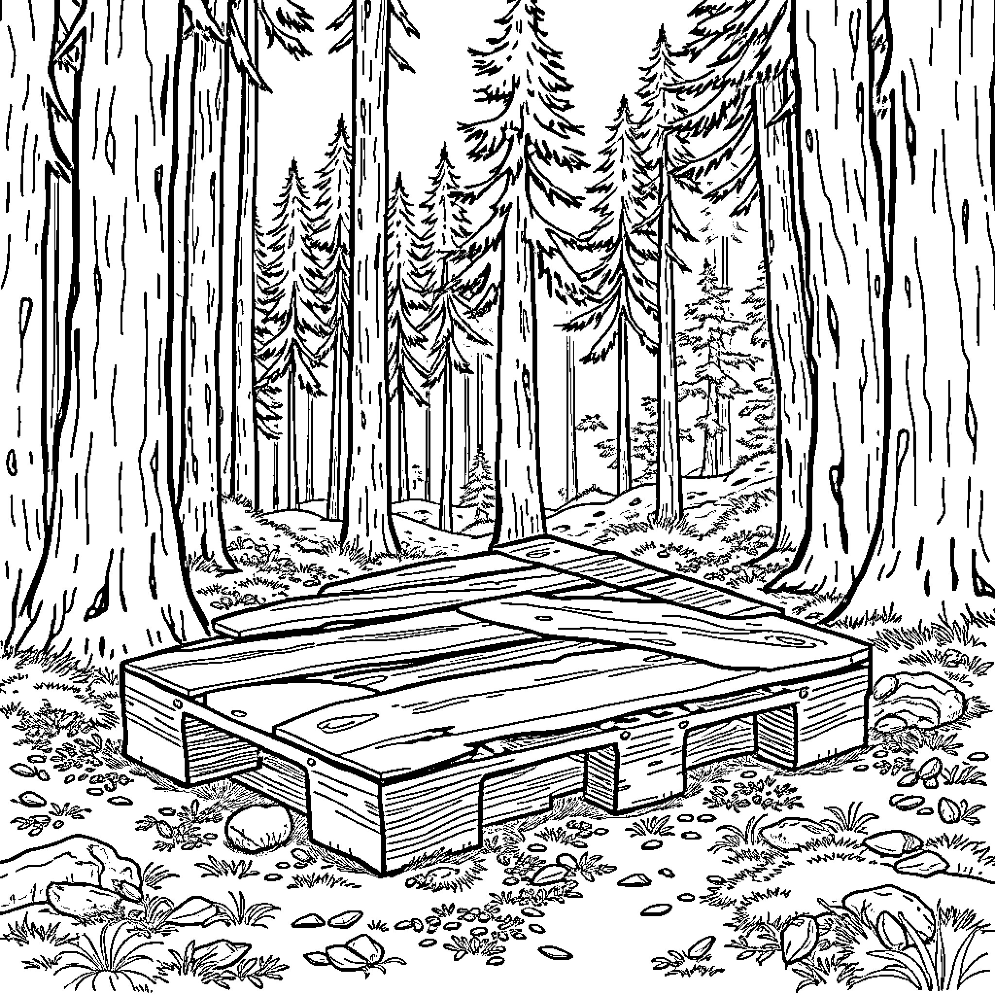 Pine Palette - Tranquil Forest Sanctuary Coloring Page (free black-and-white line drawing printable PDF for all, from beginners to advanced learners, including children, teens, adults, and seniors)