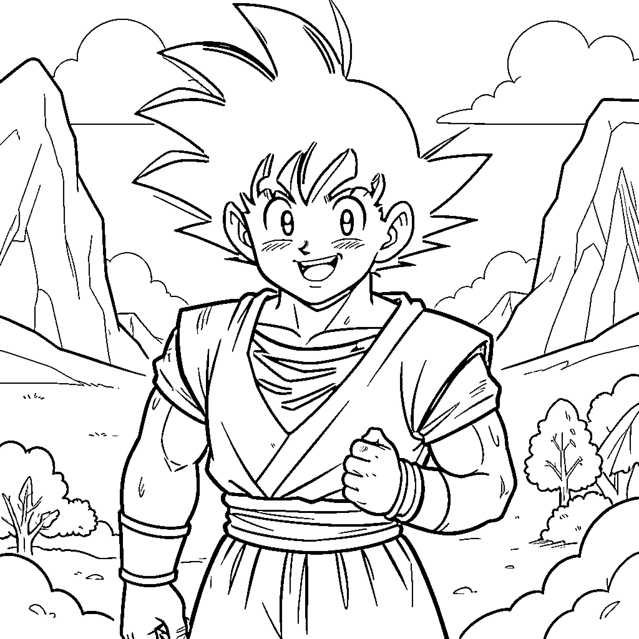 Sangoku smiling confidently in a natural landscape Coloring Page (free black-and-white line drawing printable PDF for all, from beginners to advanced learners, including children, teens, adults, and seniors)