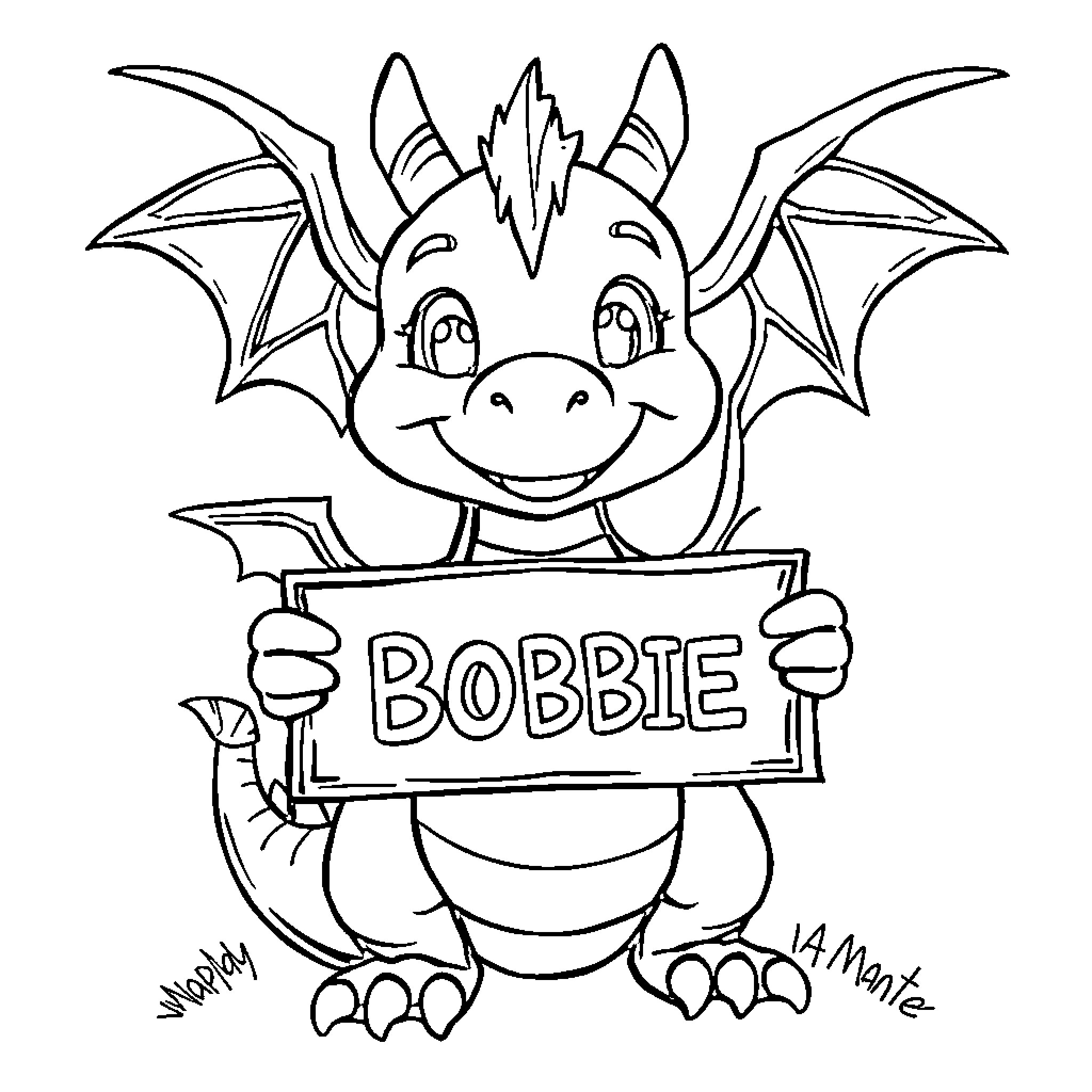 Dragon holding 'Bobbie' sign with a friendly expression Coloring Page (free black-and-white line drawing printable PDF for all, from beginners to advanced learners, including children, teens, adults, and seniors)