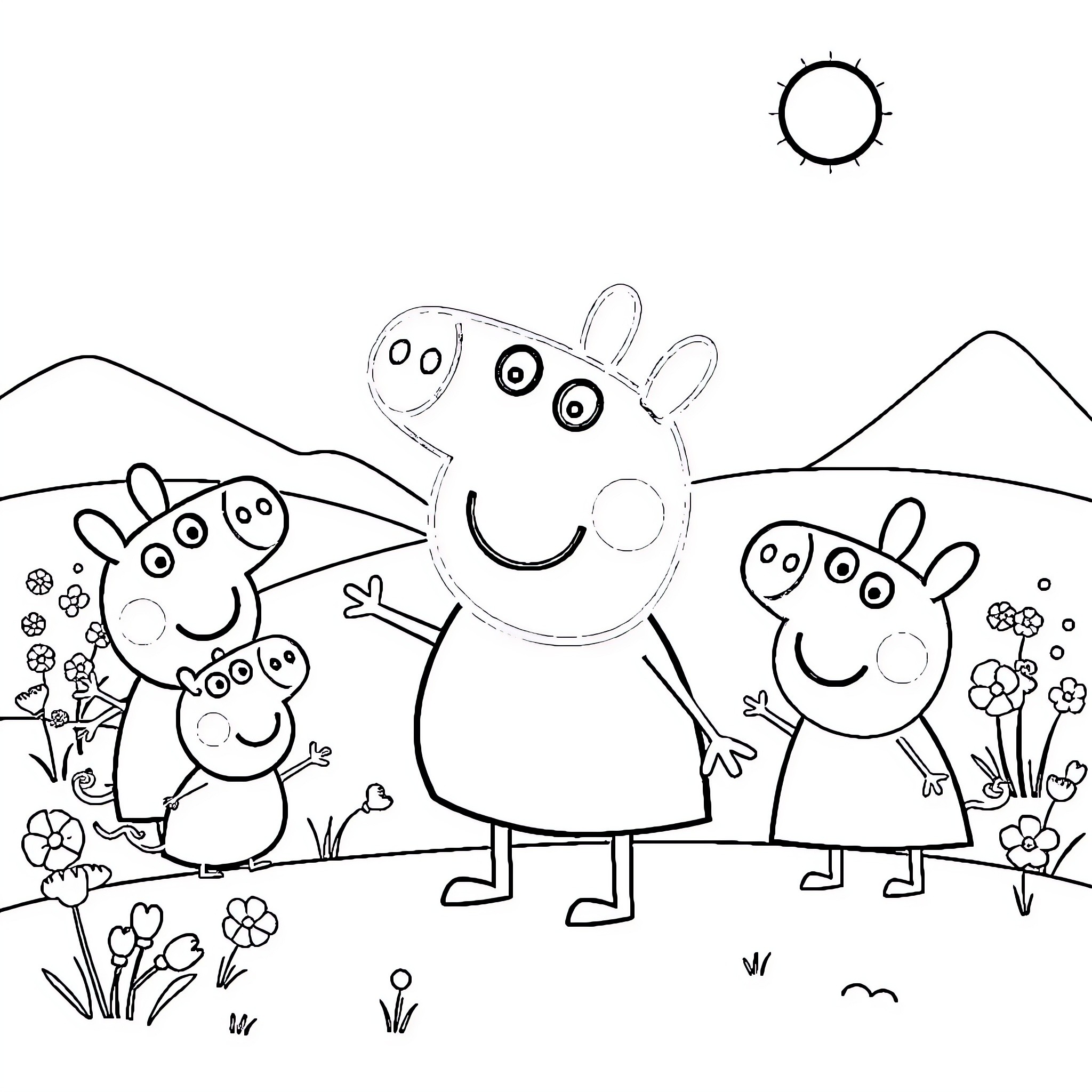 Peppa Pig and family enjoying outdoor scenery Coloring Page (free black-and-white line drawing printable PDF for all, from beginners to advanced learners, including children, teens, adults, and seniors)