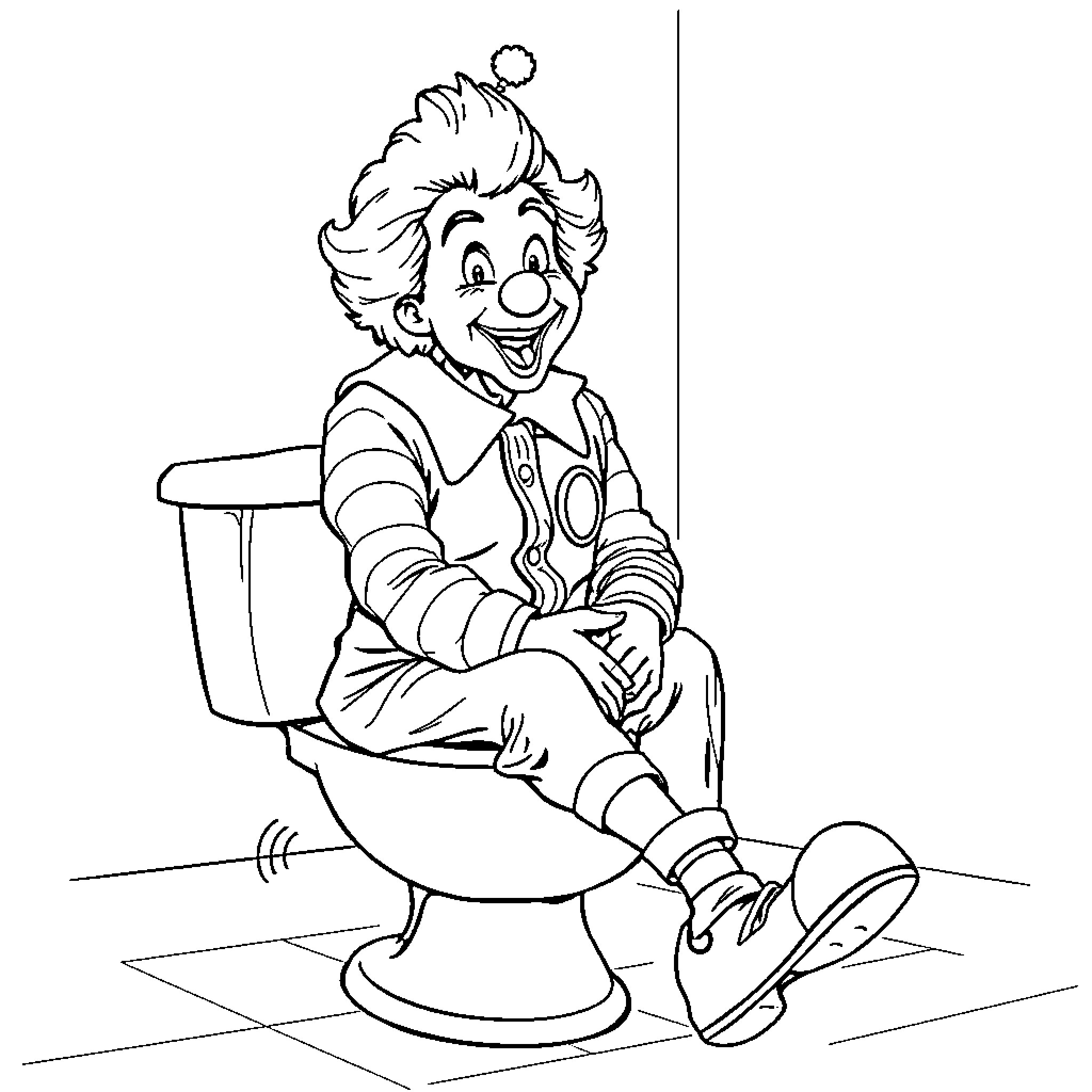 Ronald McDonald sitting on a toilet, looking cheerful Coloring Page (free black-and-white line drawing printable PDF for all, from beginners to advanced learners, including children, teens, adults, and seniors)
