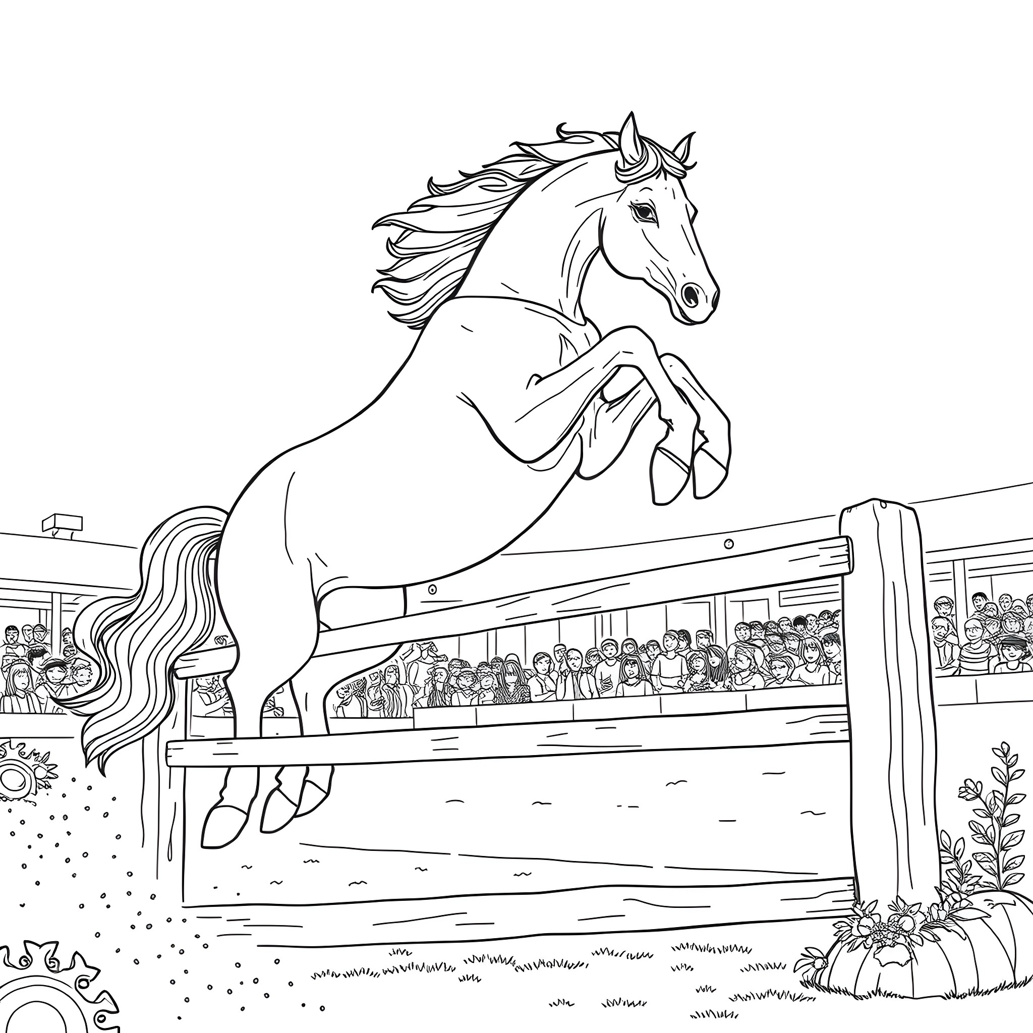 Horse jumping over hurdles in competition Coloring Page (free black-and-white line drawing printable PDF for all, from beginners to advanced learners, including children, teens, adults, and seniors)