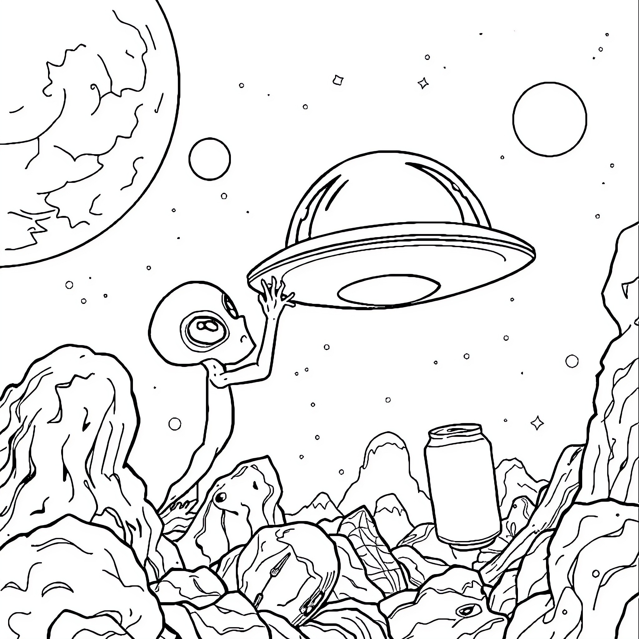 Alien Spacecraft Exploring Extraterrestrial Landscape Coloring Page (free black-and-white line drawing printable PDF for all, from beginners to advanced learners, including children, teens, adults, and seniors)
