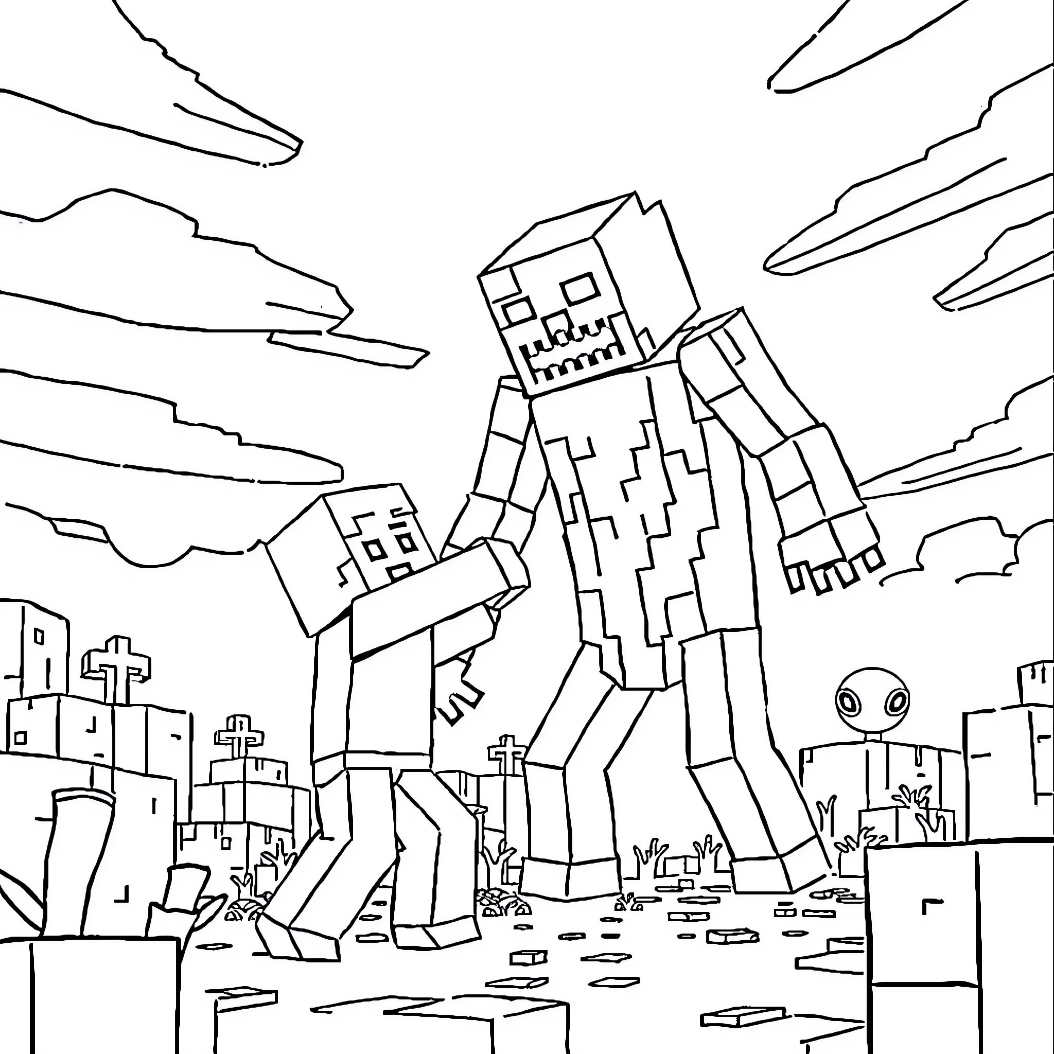 Steve explores the blocky world of Minecraft Coloring Page (free black-and-white line drawing printable PDF for all, from beginners to advanced learners, including children, teens, adults, and seniors)