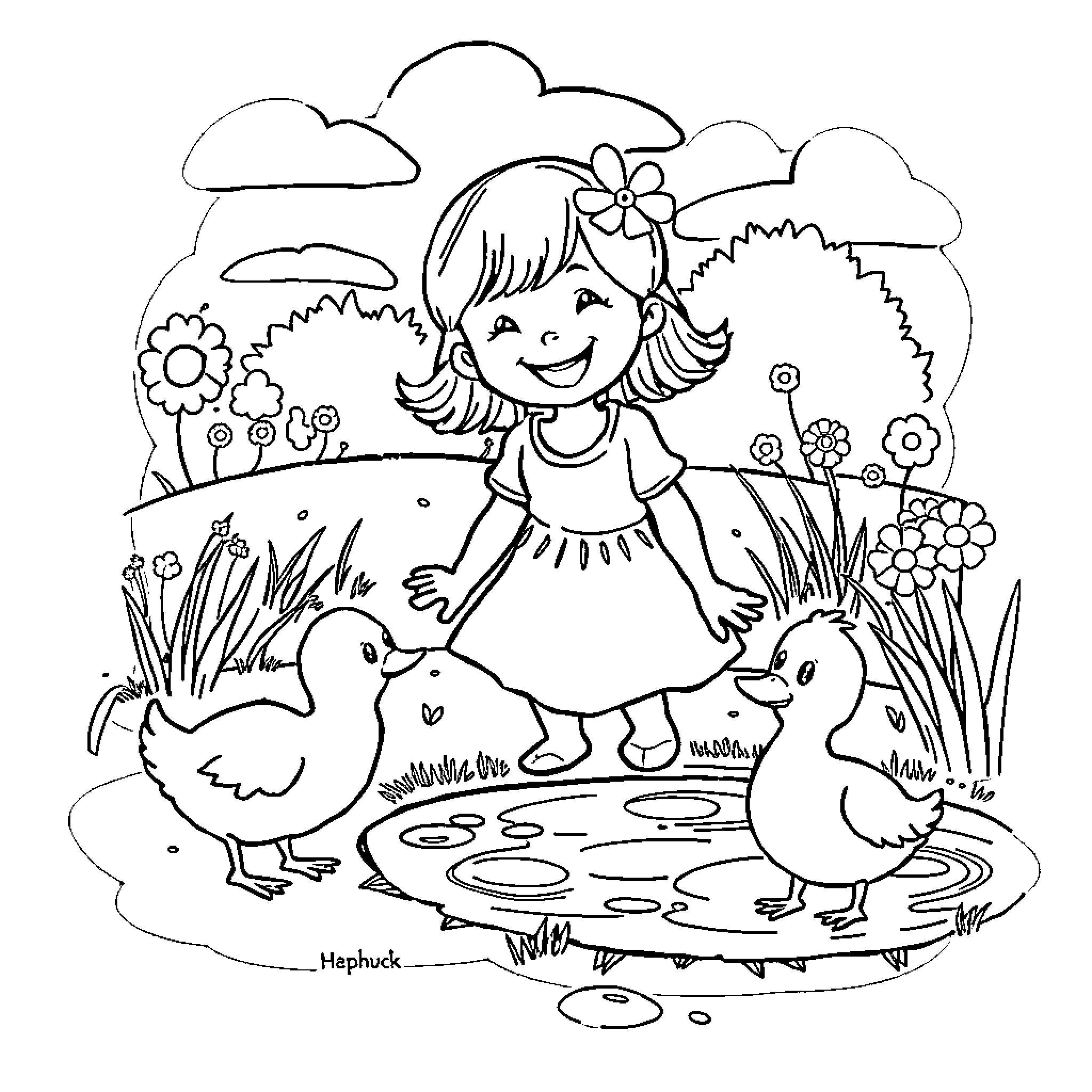 Girl playing happily with ducklings in the garden Coloring Page (free black-and-white line drawing printable PDF for all, from beginners to advanced learners, including children, teens, adults, and seniors)