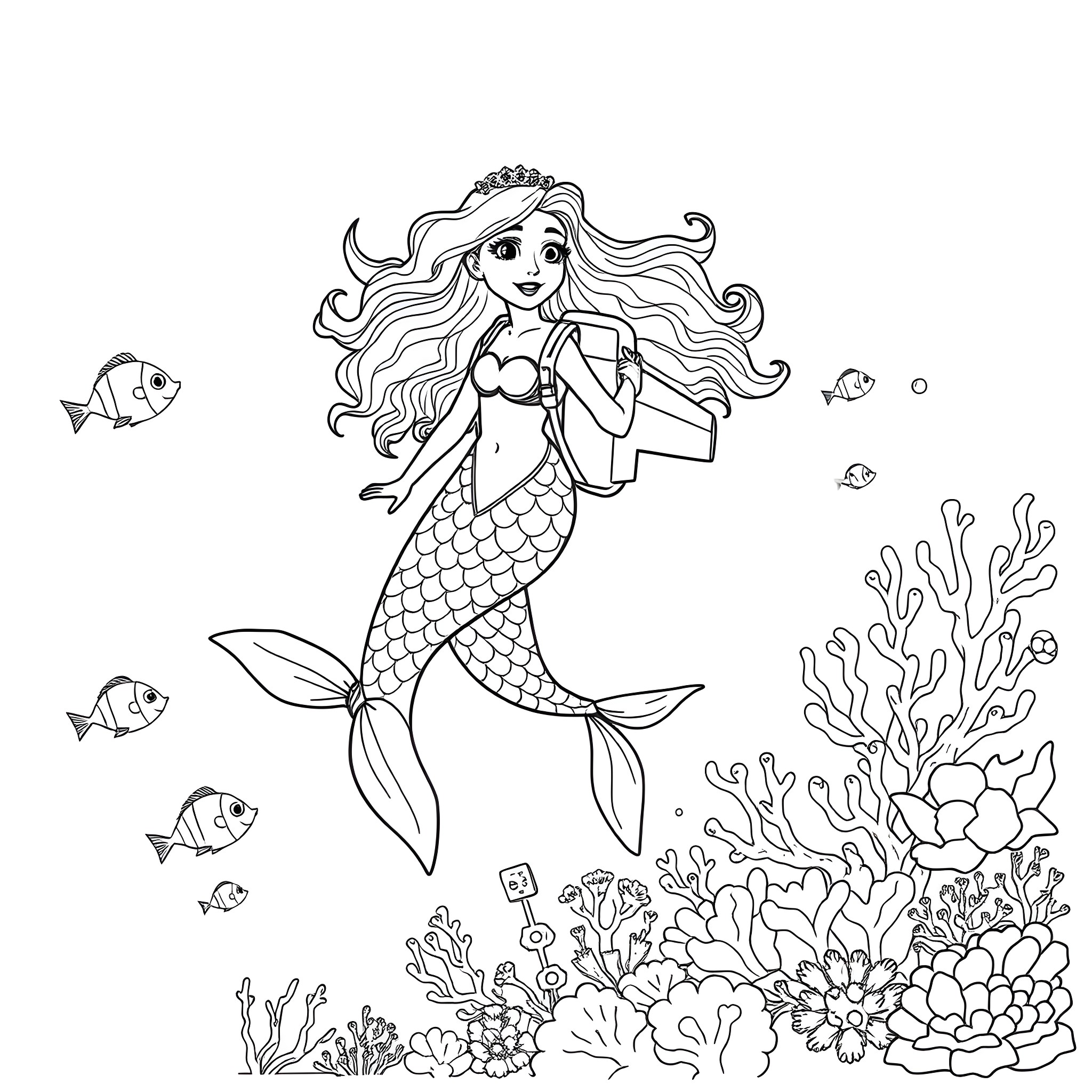Mermaid swimming gracefully in the underwater world Coloring Page (free black-and-white line drawing printable PDF for all, from beginners to advanced learners, including children, teens, adults, and seniors)