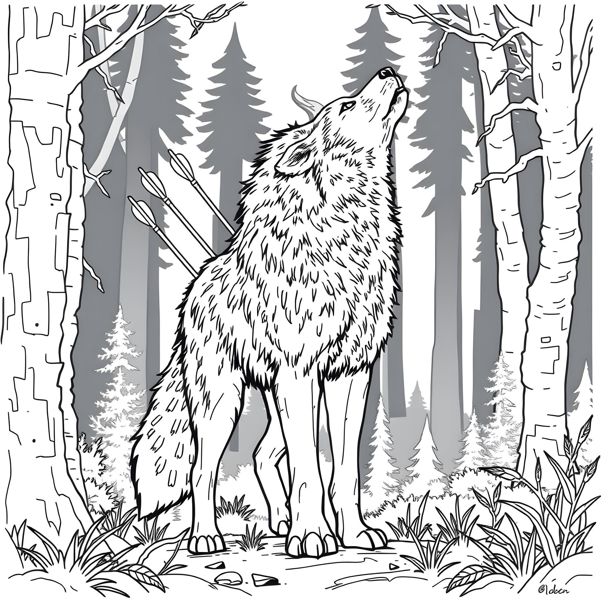 Wolf howling in the forest Coloring Page (free black-and-white line drawing printable PDF for all, from beginners to advanced learners, including children, teens, adults, and seniors)