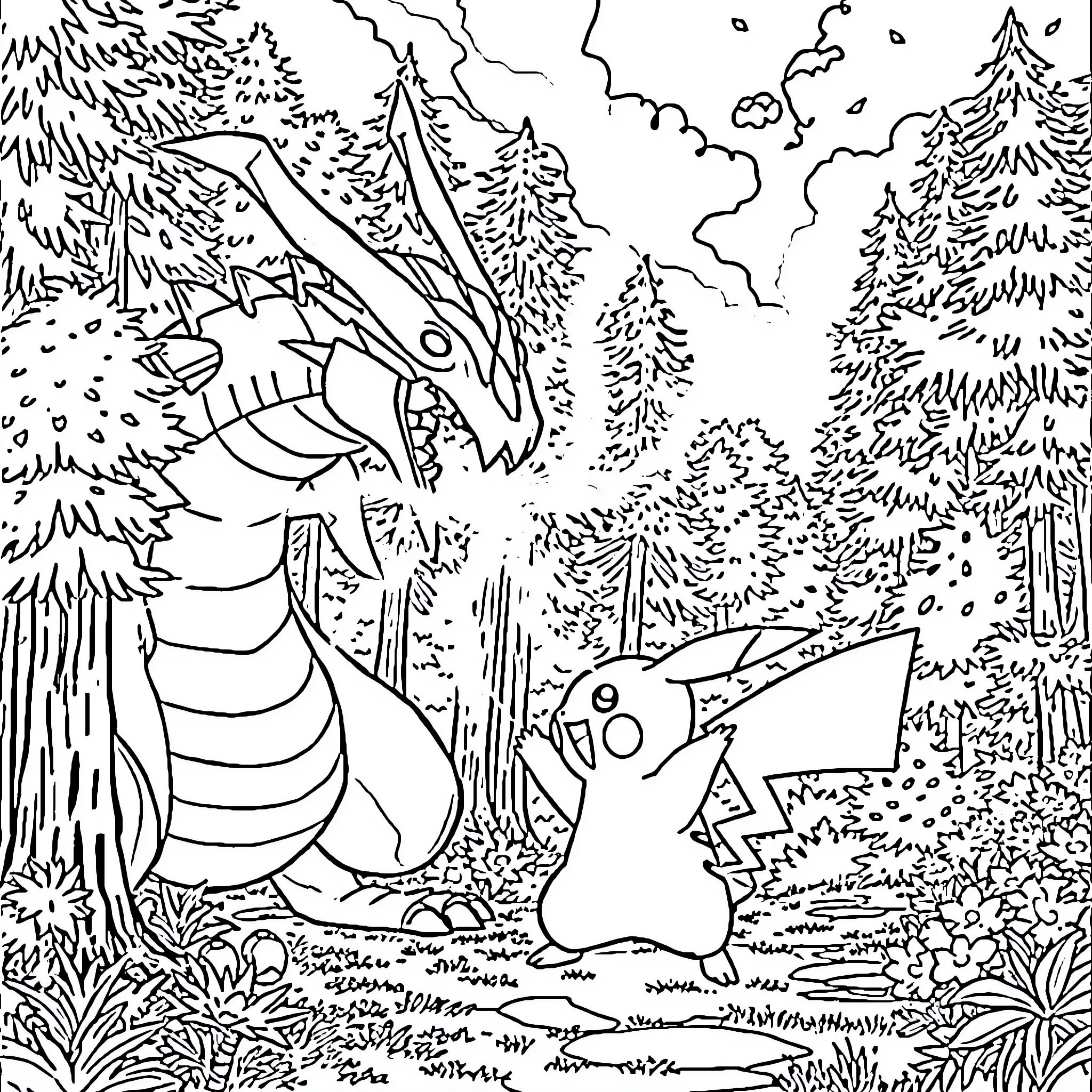 Pikachu and Dragonite exploring the forest Coloring Page (free black-and-white line drawing printable PDF for all, from beginners to advanced learners, including children, teens, adults, and seniors)