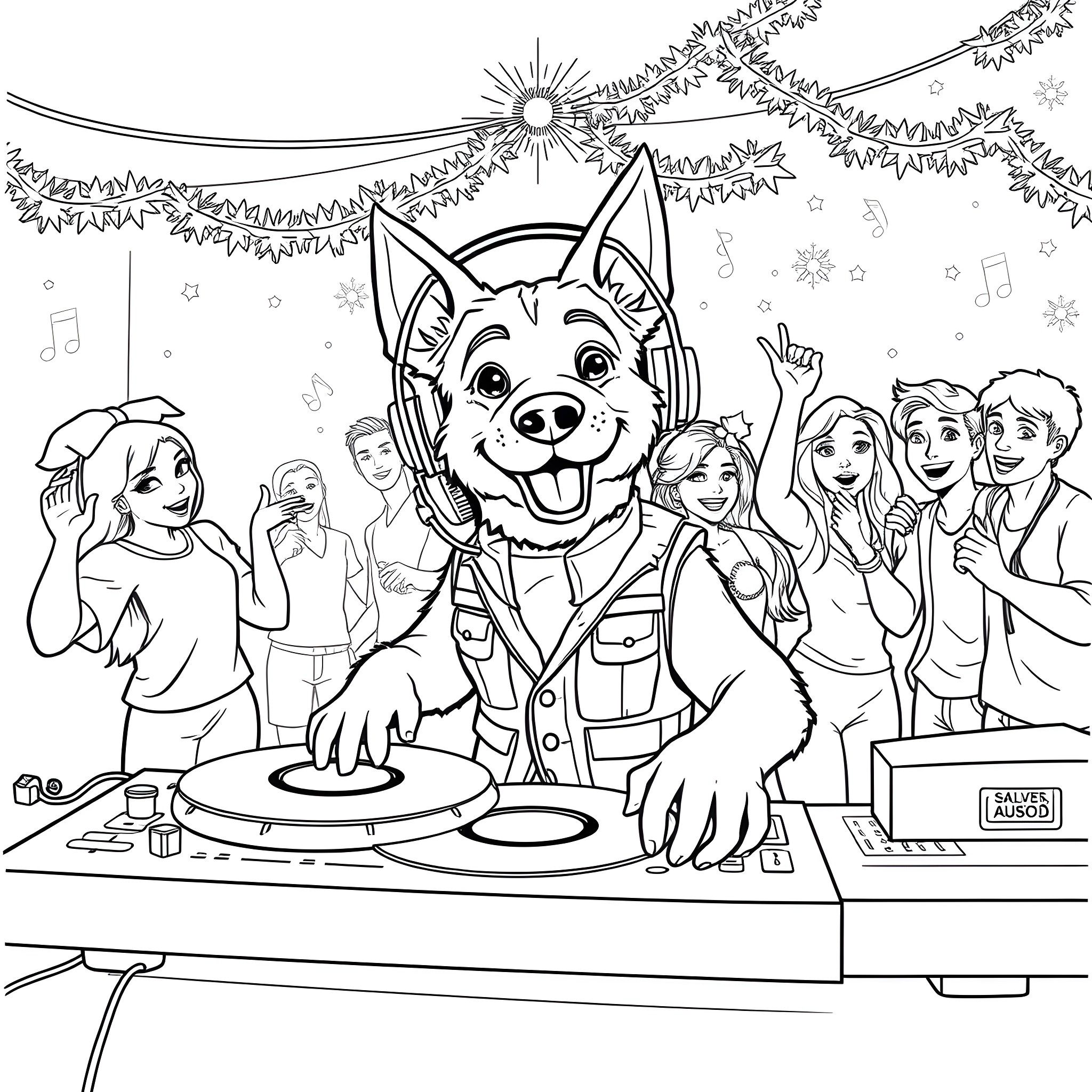 Dog DJ entertaining a party with friends Coloring Page (free black-and-white line drawing printable PDF for all, from beginners to advanced learners, including children, teens, adults, and seniors)