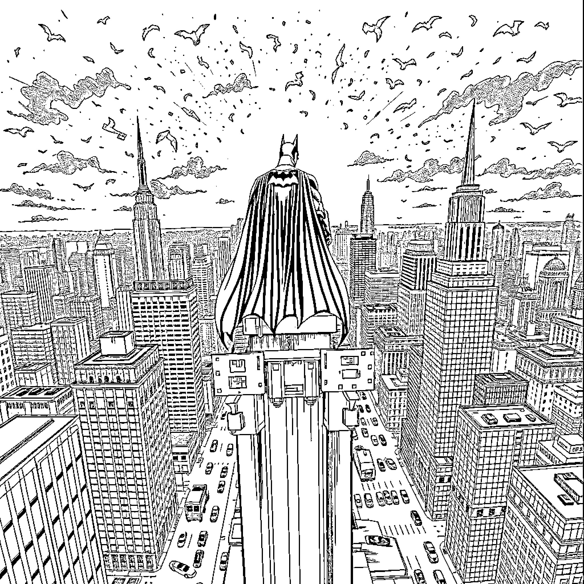 Batman overlooking the bustling city skyline Coloring Page (free black-and-white line drawing printable PDF for all, from beginners to advanced learners, including children, teens, adults, and seniors)