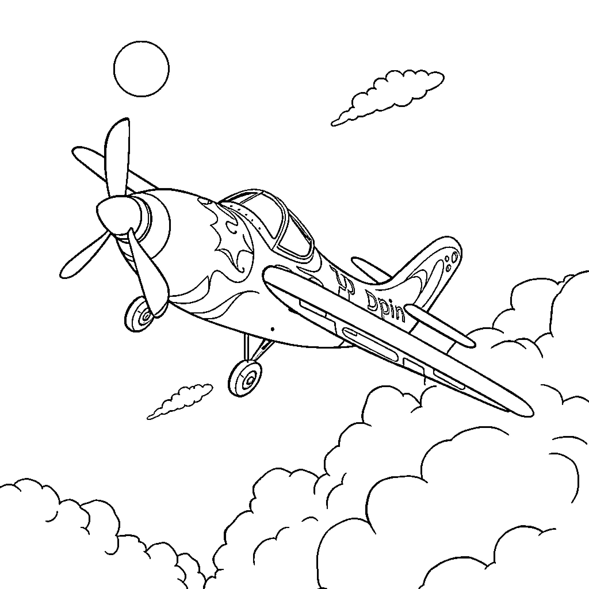 Plane soaring through the cloudy sky Coloring Page (free black-and-white line drawing printable PDF for all, from beginners to advanced learners, including children, teens, adults, and seniors)