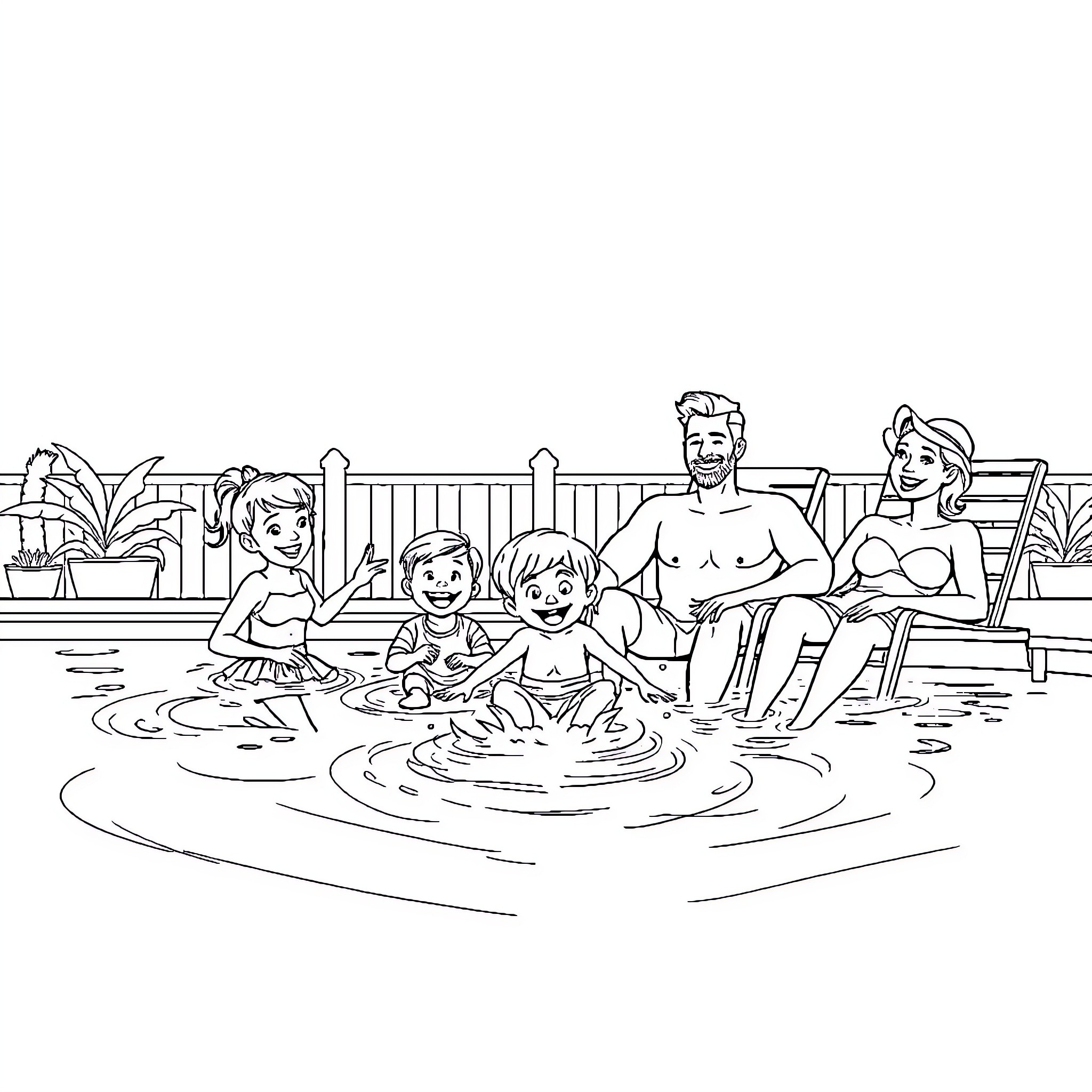 Family enjoying a day at the pool Coloring Page (free black-and-white line drawing printable PDF for all, from beginners to advanced learners, including children, teens, adults, and seniors)
