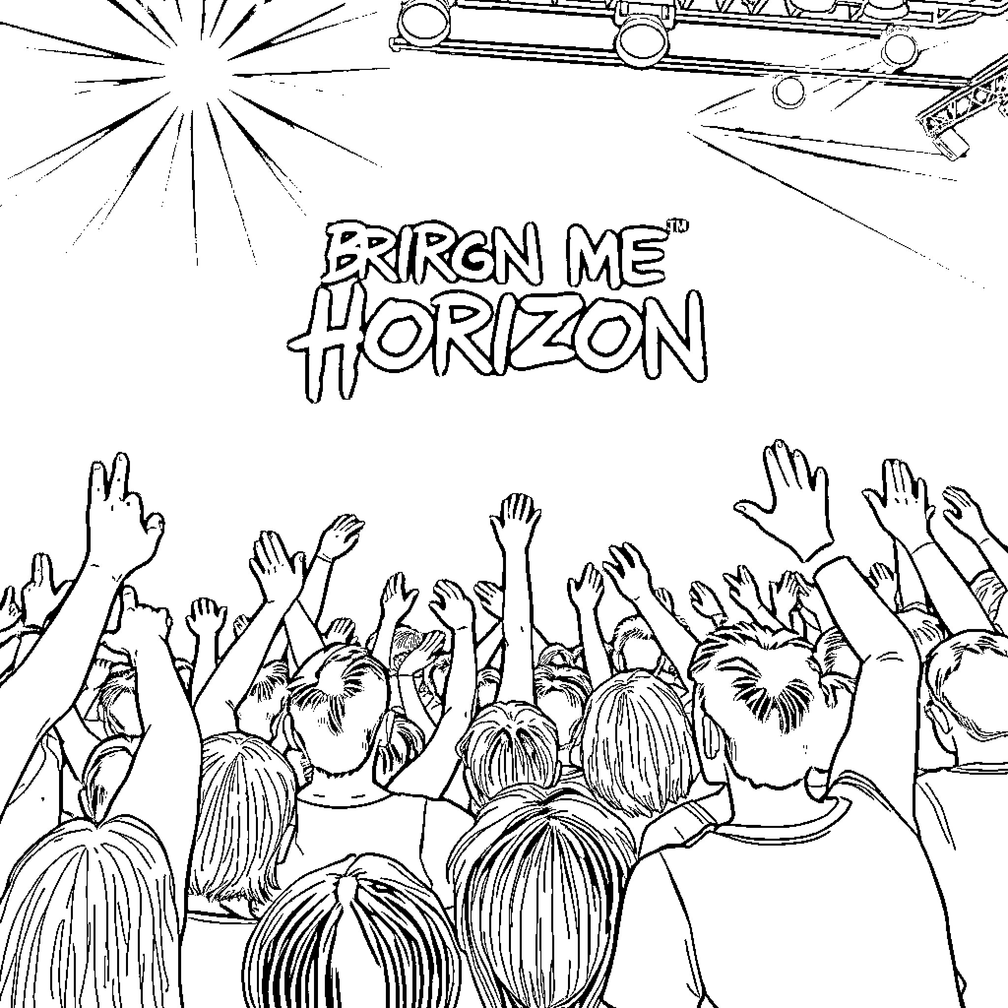 Person raising hands at concert with text Coloring Page (free black-and-white line drawing printable PDF for all, from beginners to advanced learners, including children, teens, adults, and seniors)