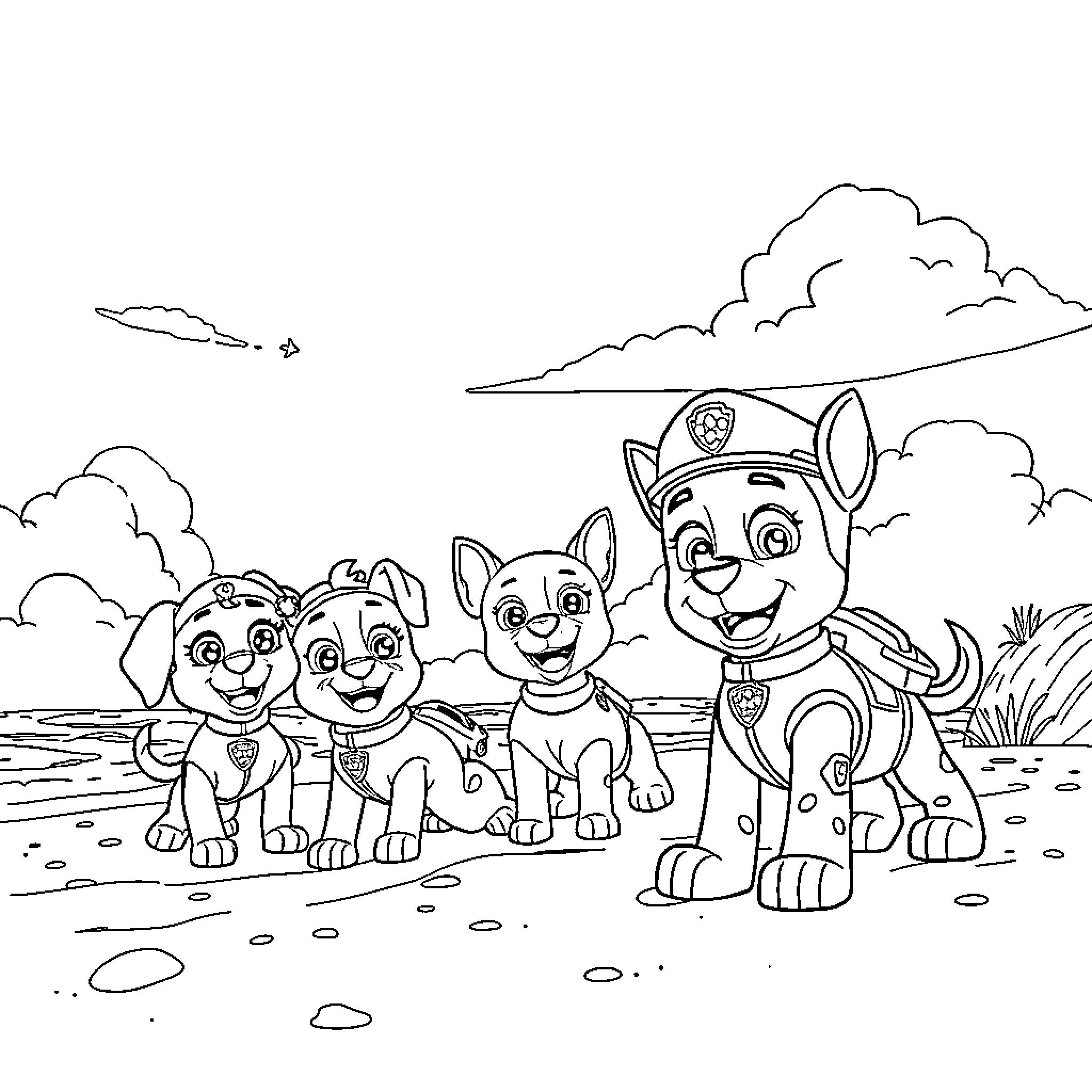 Paw Patrol pups on a rescue mission Coloring Page (free black-and-white line drawing printable PDF for all, from beginners to advanced learners, including children, teens, adults, and seniors)