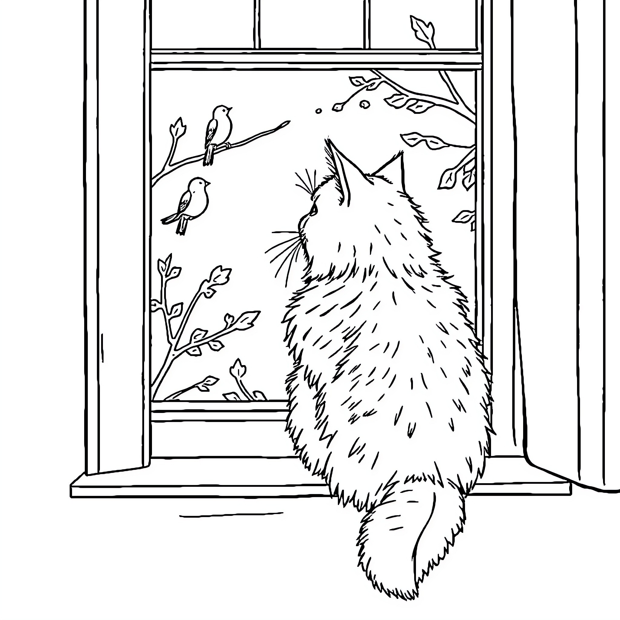 Cat observing birds outside the window Coloring Page (free black-and-white line drawing printable PDF for all, from beginners to advanced learners, including children, teens, adults, and seniors)