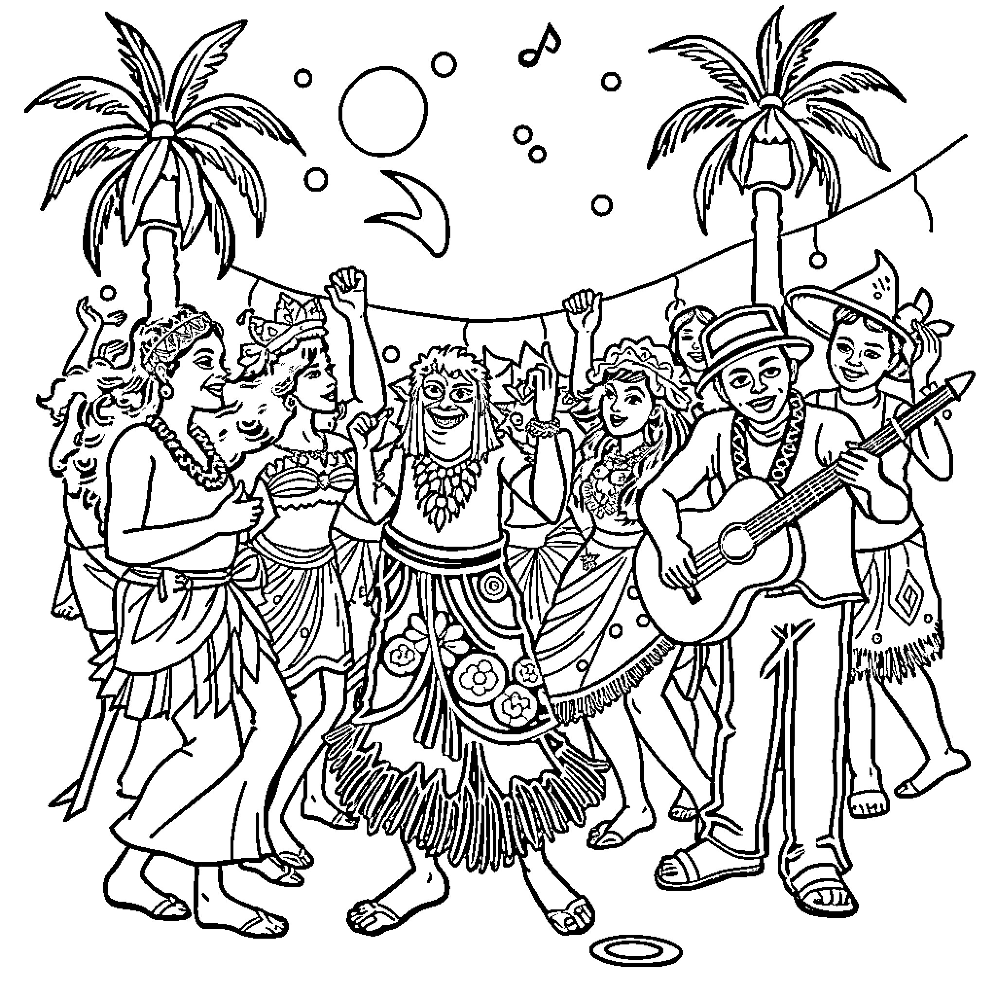 ANI ONA Festive Celebration with Dancing Performers Coloring Page (free black-and-white line drawing printable PDF for all, from beginners to advanced learners, including children, teens, adults, and seniors)