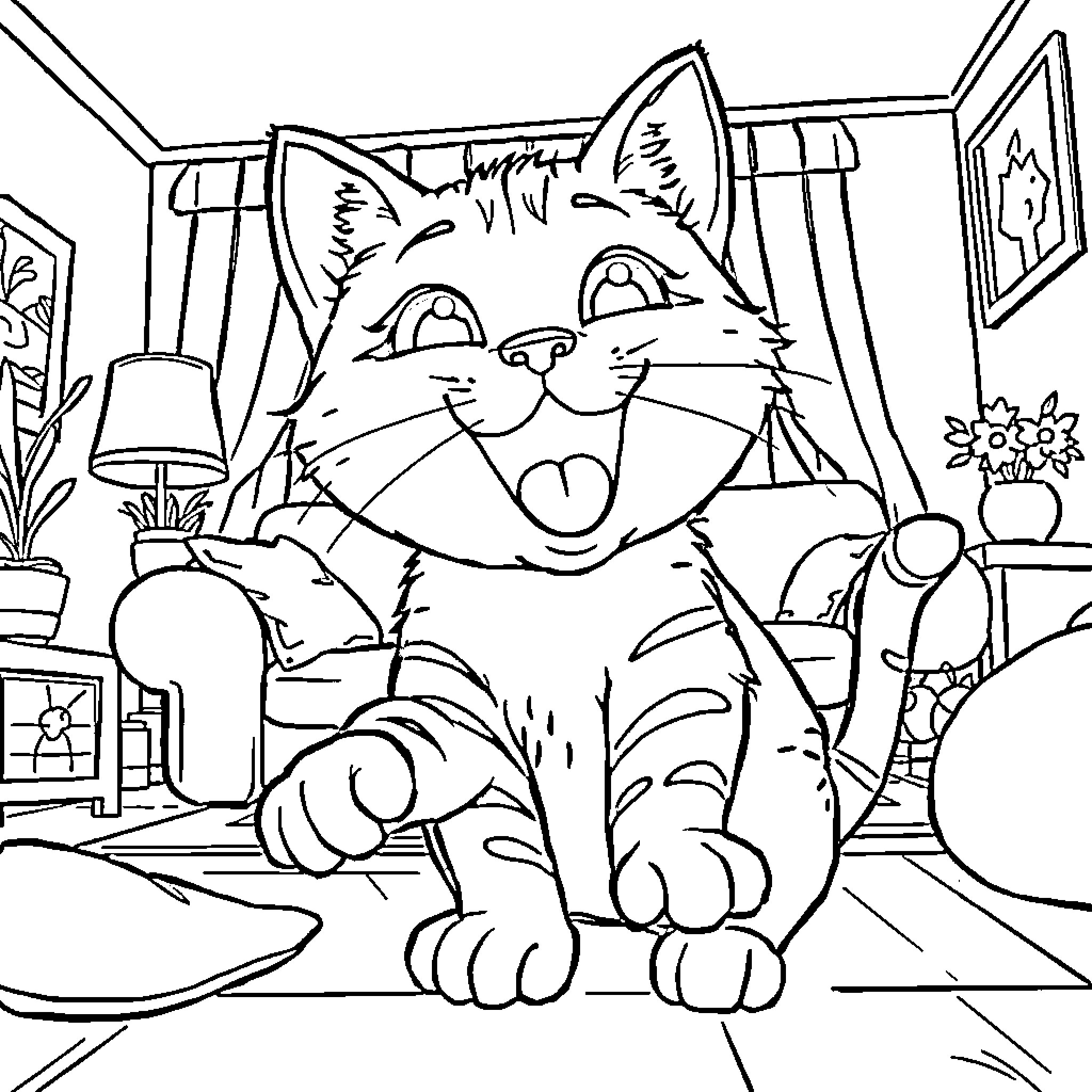 Cat enjoying a cozy indoor setting Coloring Page (free black-and-white line drawing printable PDF for all, from beginners to advanced learners, including children, teens, adults, and seniors)