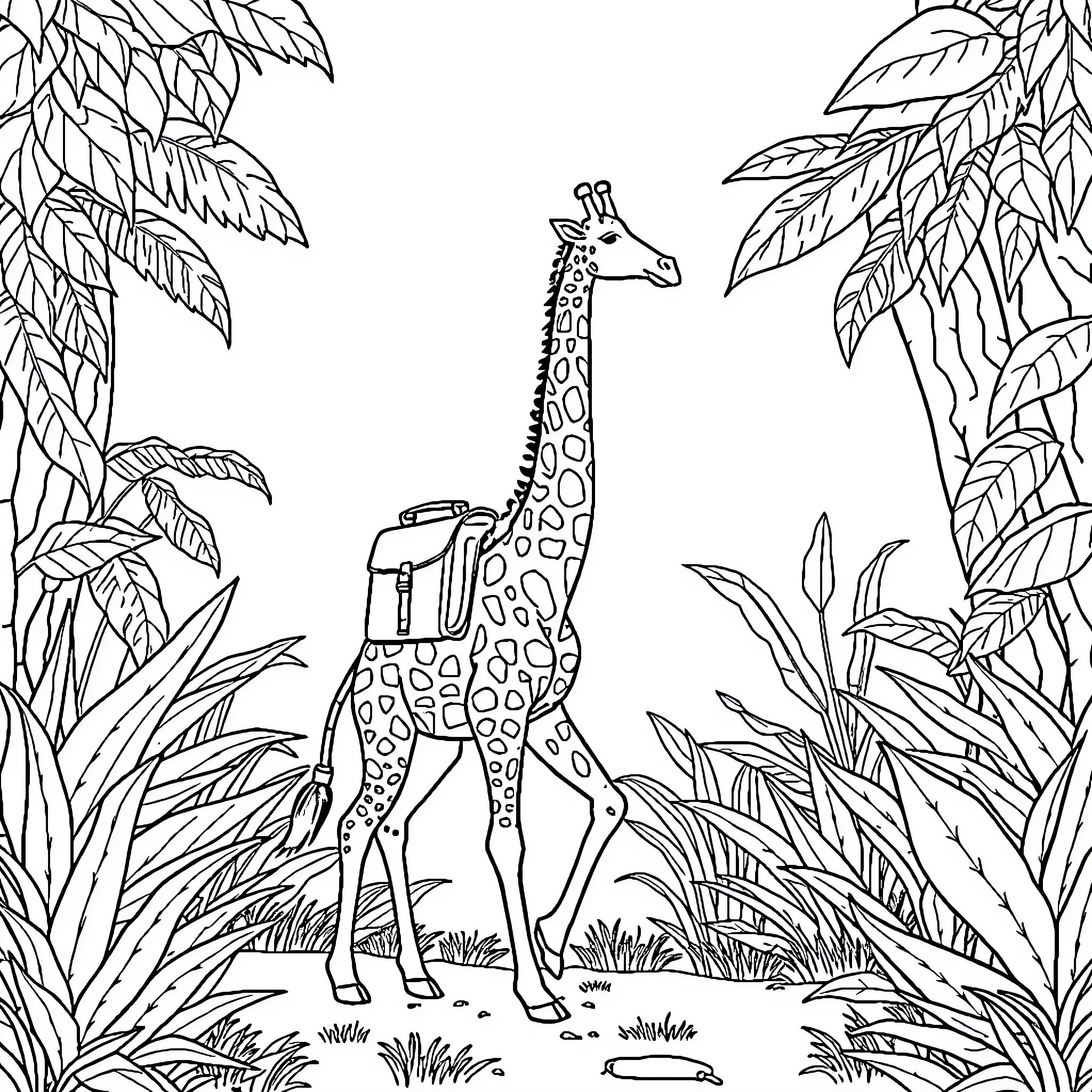 Giraffe exploring the lush jungle landscape Coloring Page (free black-and-white line drawing printable PDF for all, from beginners to advanced learners, including children, teens, adults, and seniors)