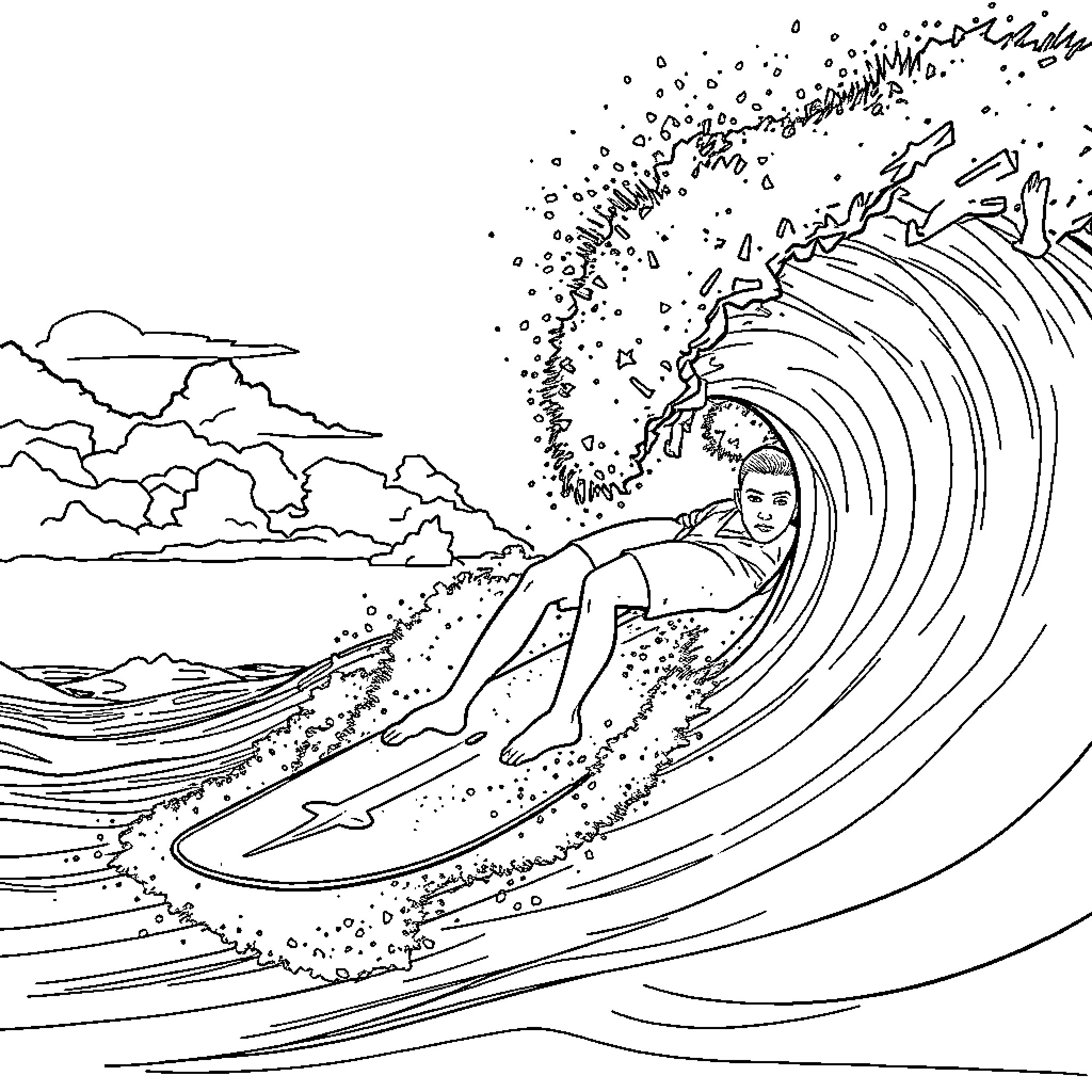 Killian Mbappé surfing the giant wave Coloring Page (free black-and-white line drawing printable PDF for all, from beginners to advanced learners, including children, teens, adults, and seniors)