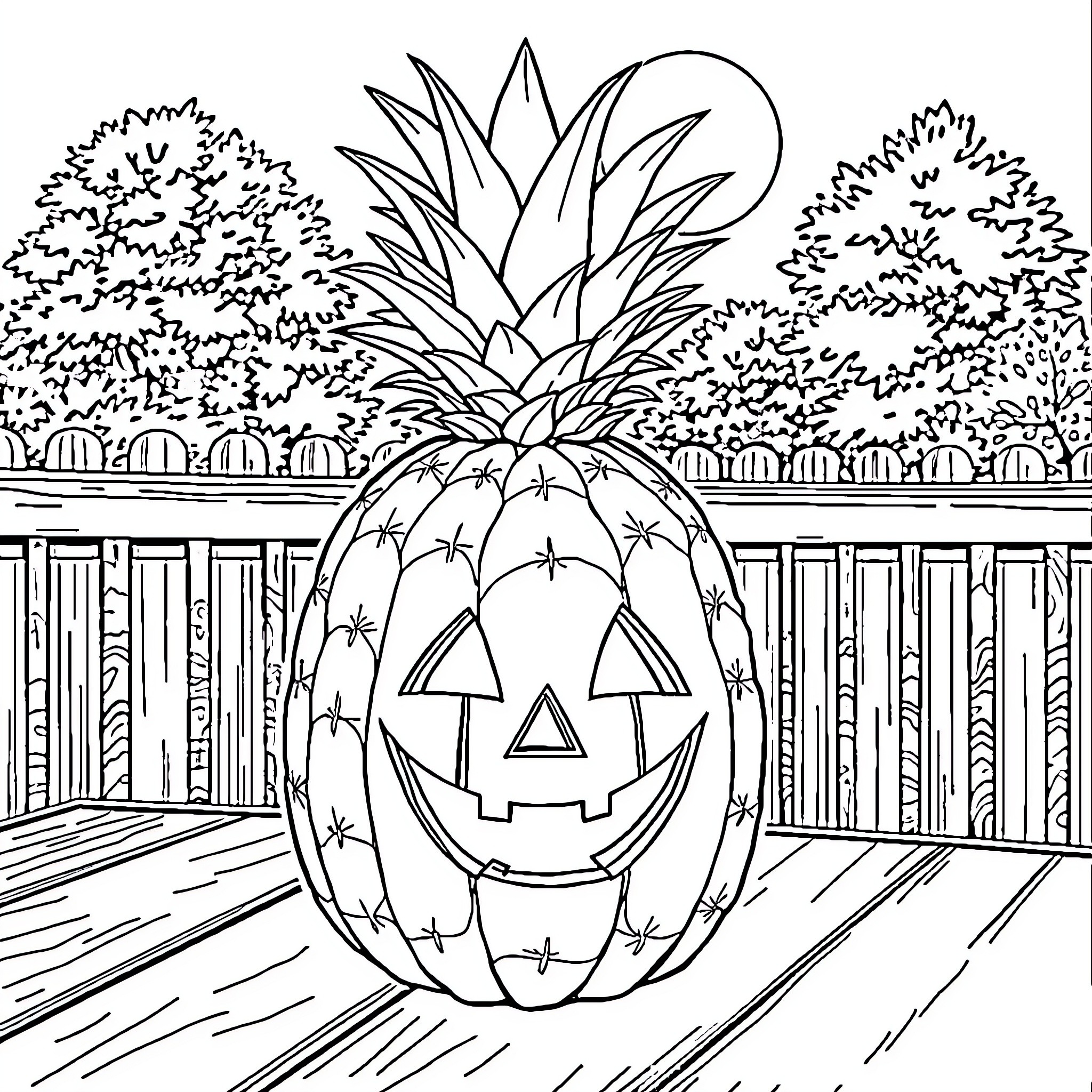 Pineapple Jack-o'-lantern on a porch Coloring Page (free black-and-white line drawing printable PDF for all, from beginners to advanced learners, including children, teens, adults, and seniors)