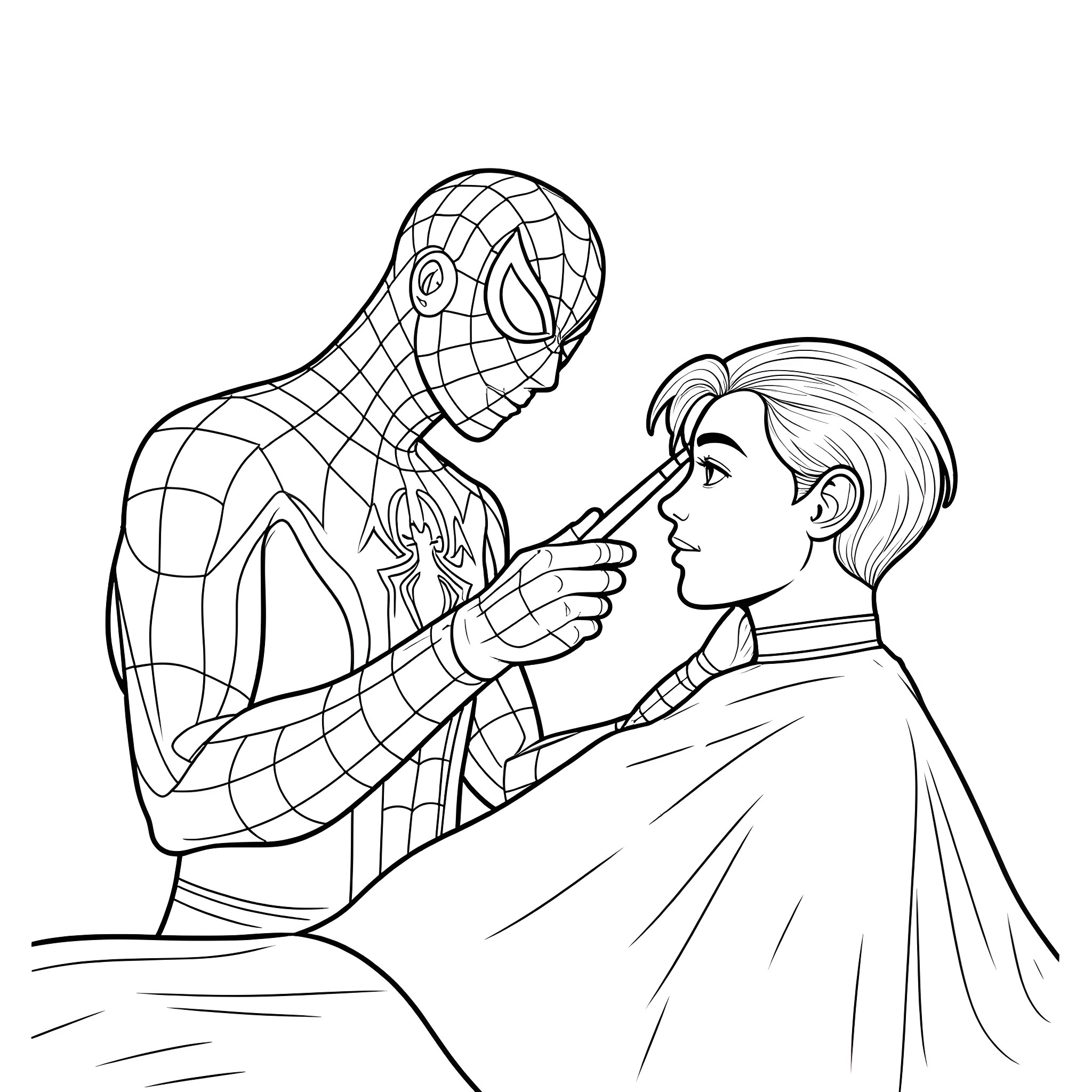 Spider-Man saves a young man in need Coloring Page (free black-and-white line drawing printable PDF for all, from beginners to advanced learners, including children, teens, adults, and seniors)