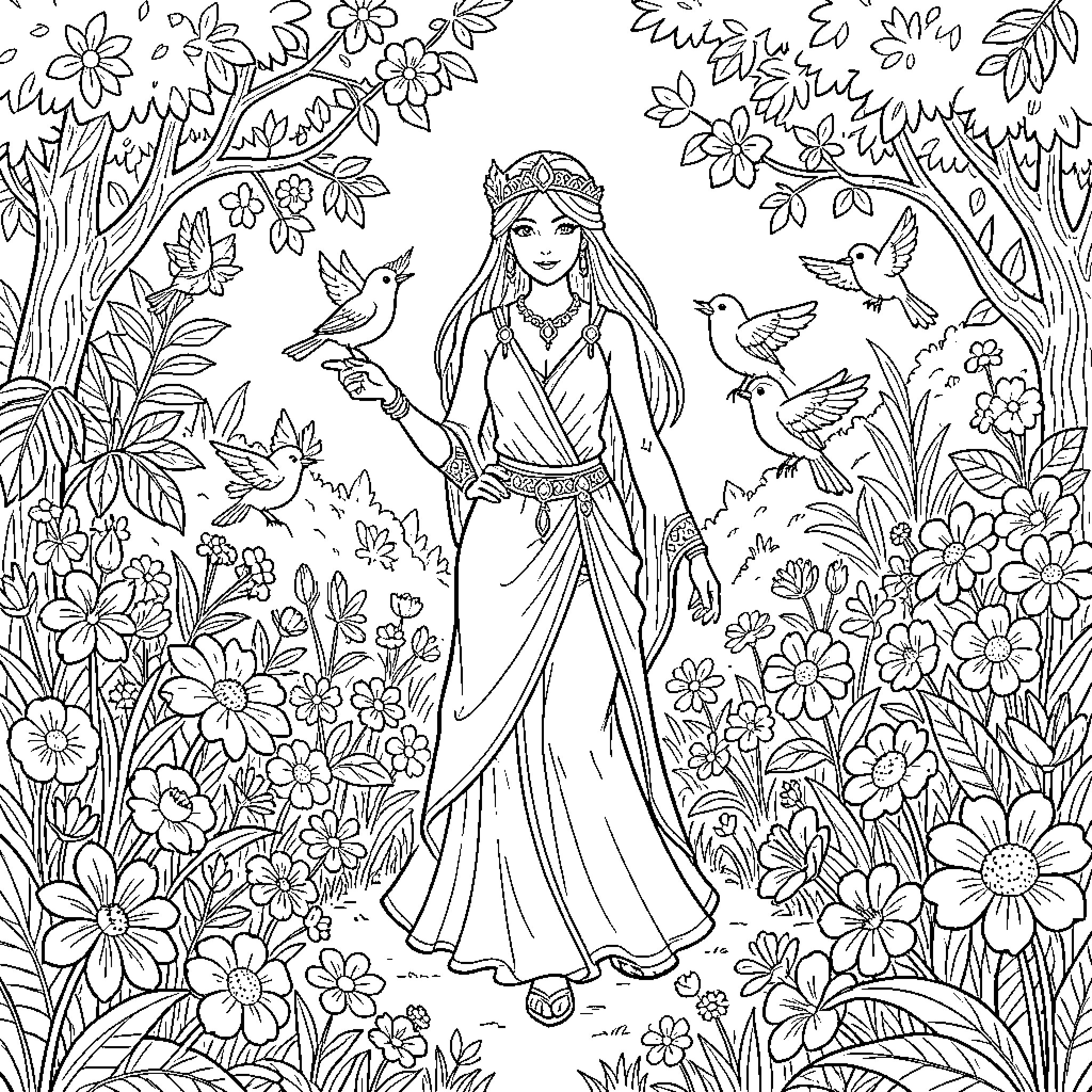 Rummi's Enchanting Floral Wonderland Coloring Page (free black-and-white line drawing printable PDF for all, from beginners to advanced learners, including children, teens, adults, and seniors)