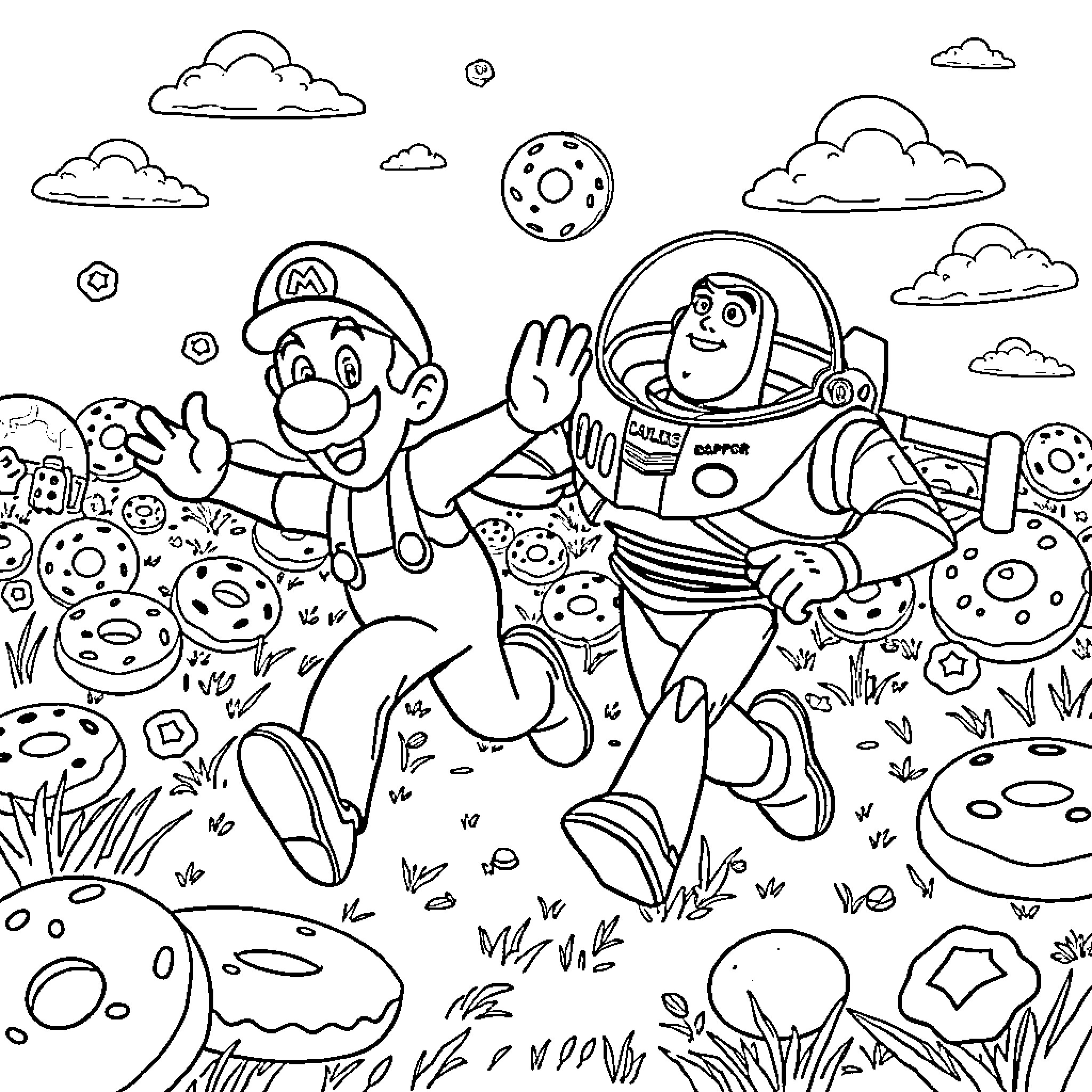 Luigi's Cosmic Adventure with Buzz Lightyear Coloring Page (free black-and-white line drawing printable PDF for all, from beginners to advanced learners, including children, teens, adults, and seniors)