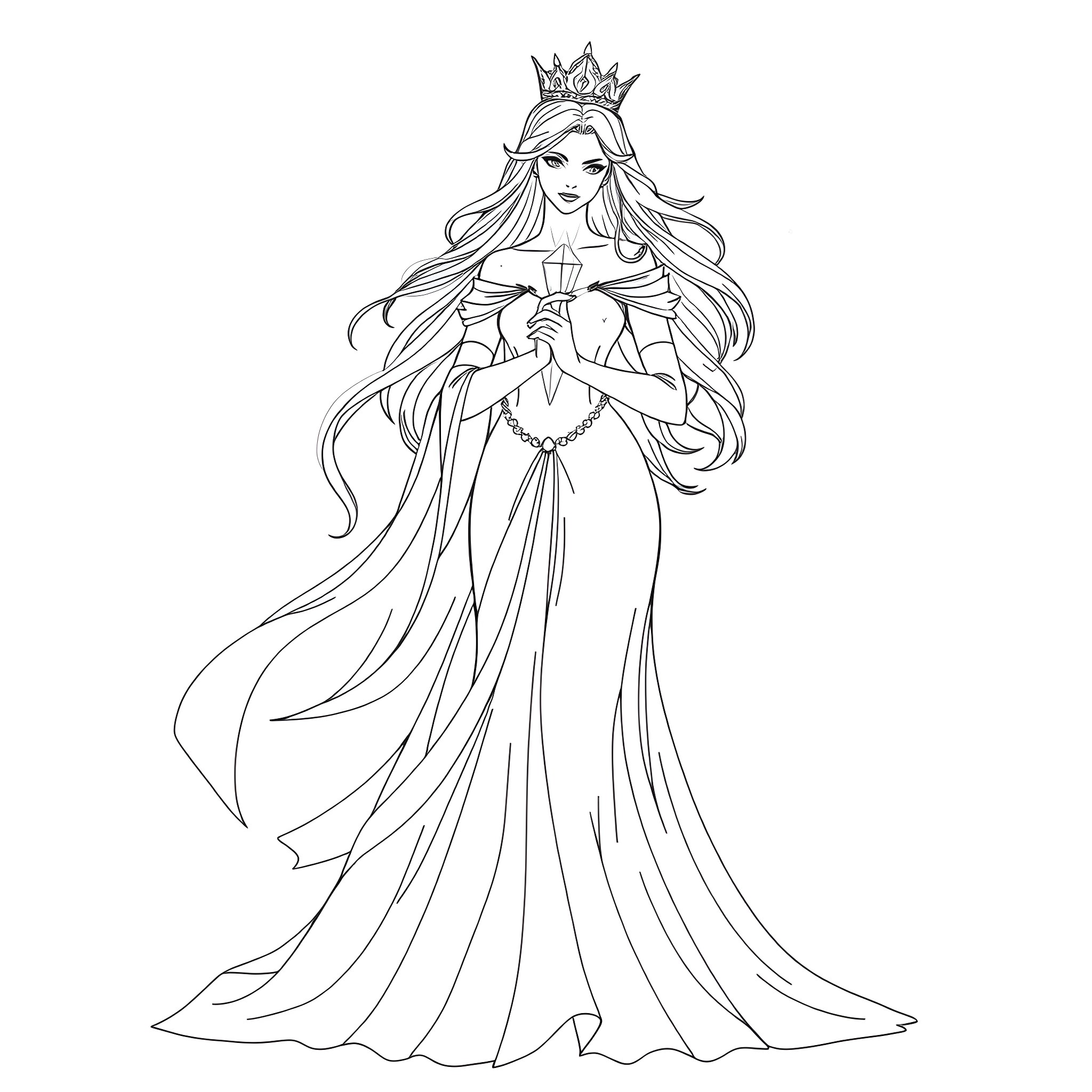 Queen Serenity in elegant gown and crown Coloring Page (free black-and-white line drawing printable PDF for all, from beginners to advanced learners, including children, teens, adults, and seniors)