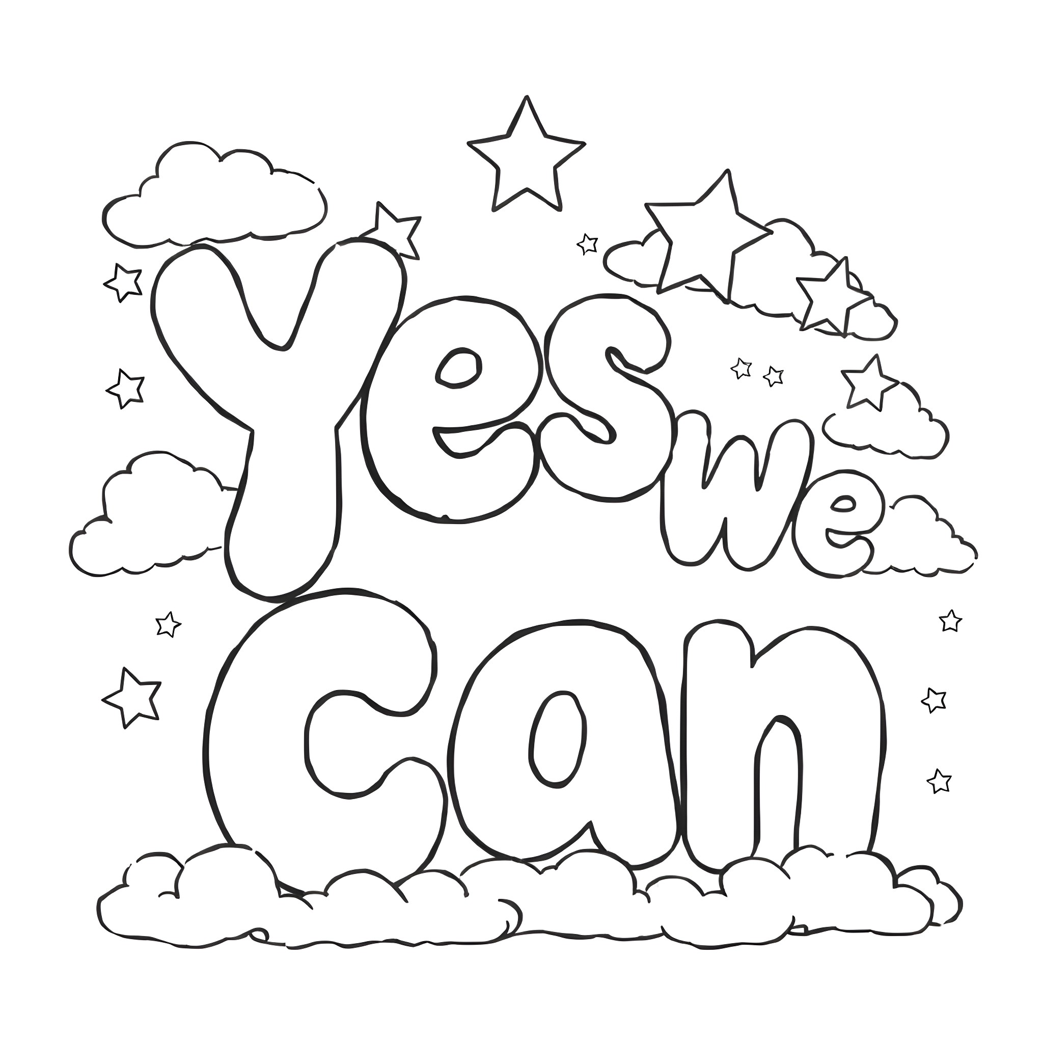 Bubble Letter Yes we can with clouds and stars Coloring Page (free black-and-white line drawing printable PDF for all, from beginners to advanced learners, including children, teens, adults, and seniors)
