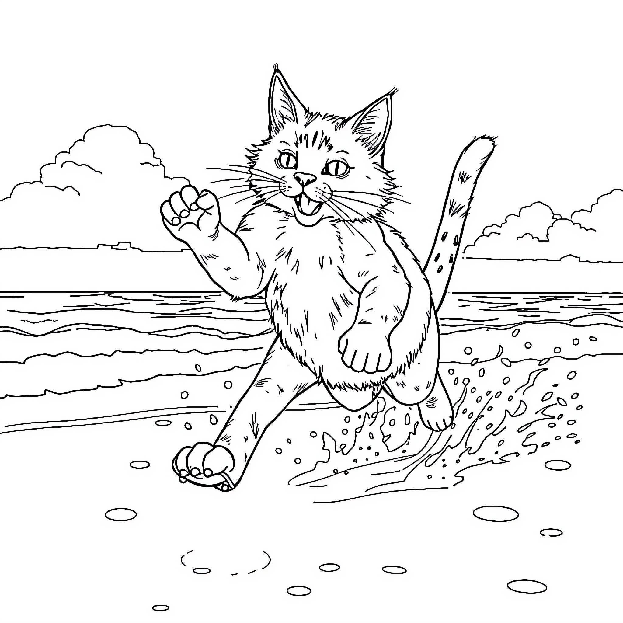 Gato playing joyfully in the waves Coloring Page (free black-and-white line drawing printable PDF for all, from beginners to advanced learners, including children, teens, adults, and seniors)