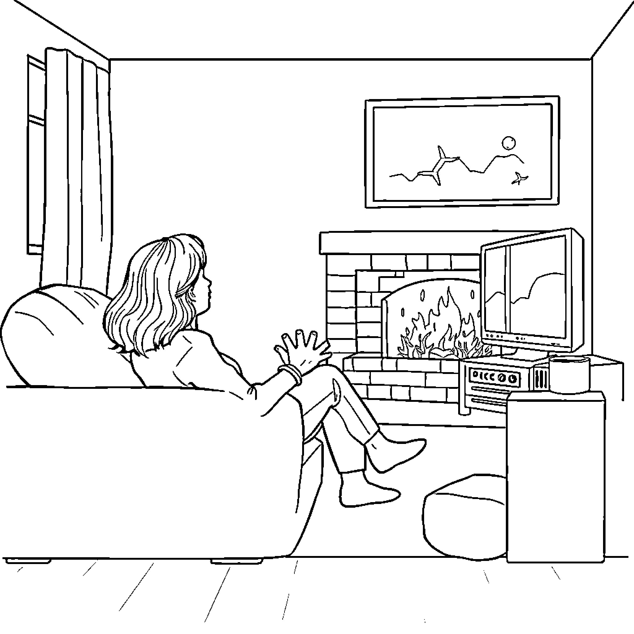 Mom relaxing by the fireplace Coloring Page (free black-and-white line drawing printable PDF for all, from beginners to advanced learners, including children, teens, adults, and seniors)