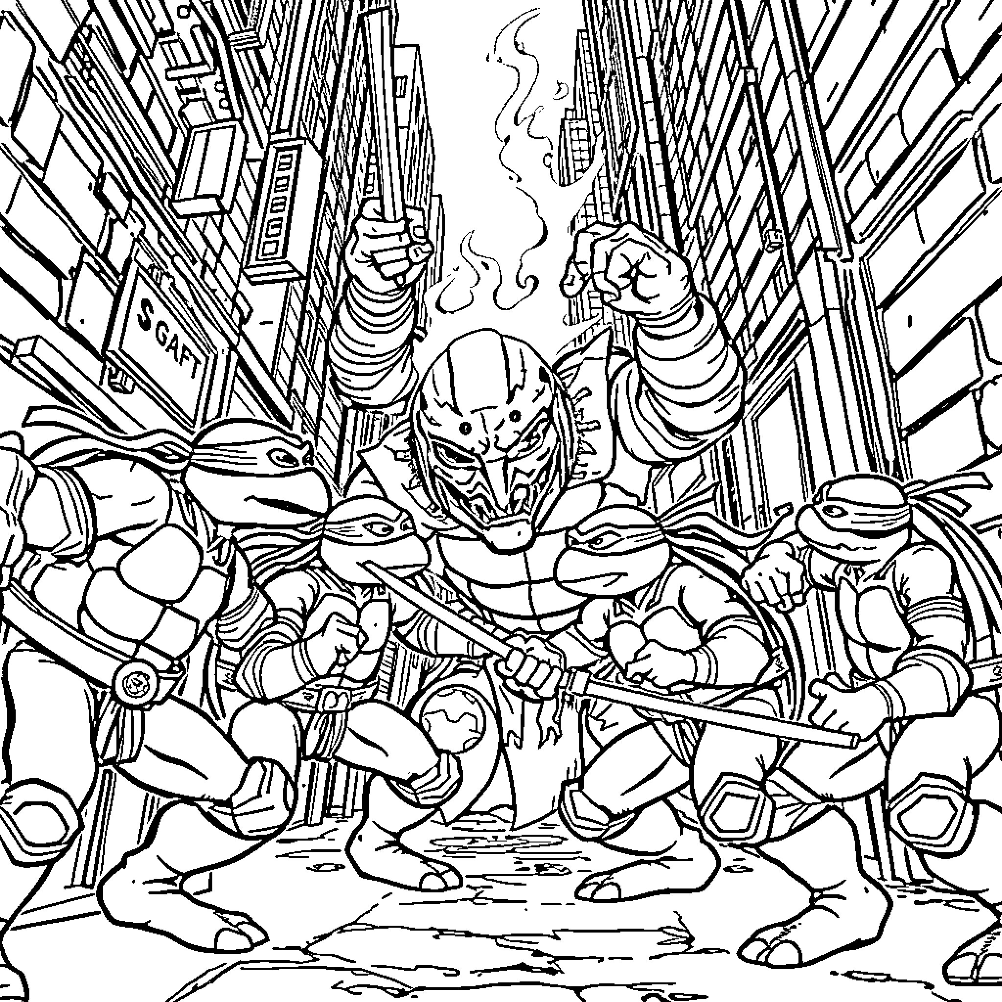 Teenage Mutant Ninja Turtles Battling in the City Coloring Page (free black-and-white line drawing printable PDF for all, from beginners to advanced learners, including children, teens, adults, and seniors)