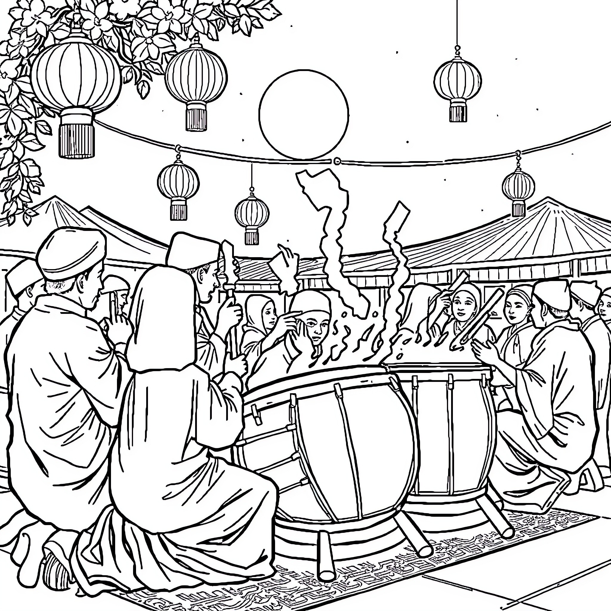 Sahur celebration with traditional attire and lanterns Coloring Page (free black-and-white line drawing printable PDF for all, from beginners to advanced learners, including children, teens, adults, and seniors)