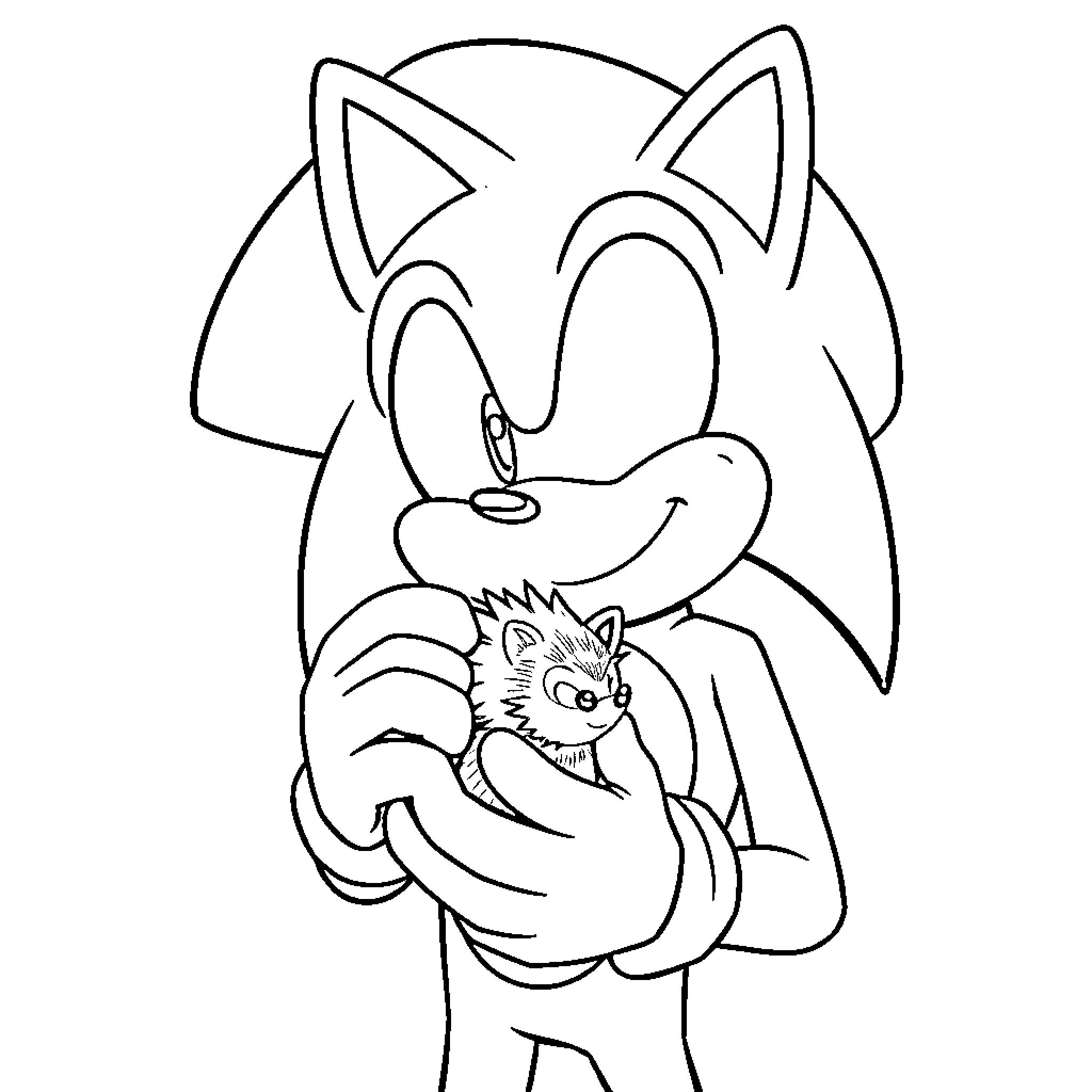 Sonic holding a cute animal friend Coloring Page (free black-and-white line drawing printable PDF for all, from beginners to advanced learners, including children, teens, adults, and seniors)