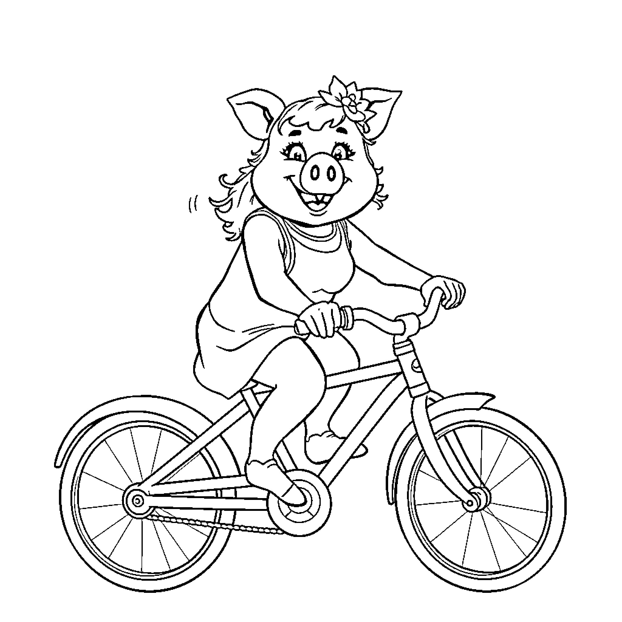 Miss Piggy riding a bicycle happily Coloring Page (free black-and-white line drawing printable PDF for all, from beginners to advanced learners, including children, teens, adults, and seniors)