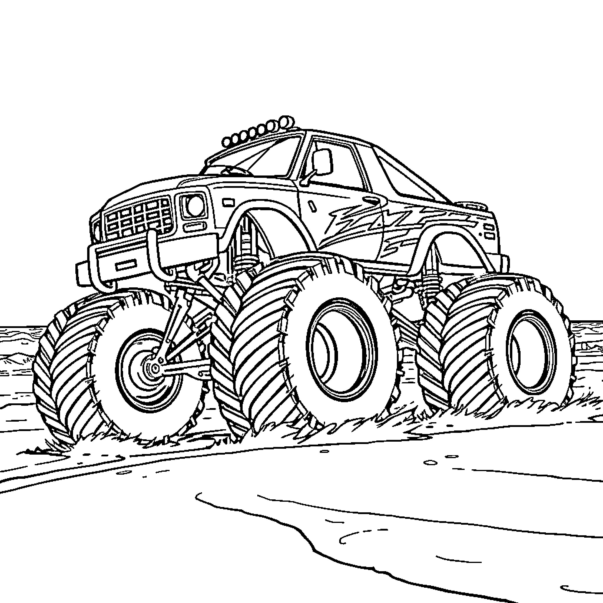 Monster Truck Crushing Through Rough Terrain Coloring Page (free black-and-white line drawing printable PDF for all, from beginners to advanced learners, including children, teens, adults, and seniors)