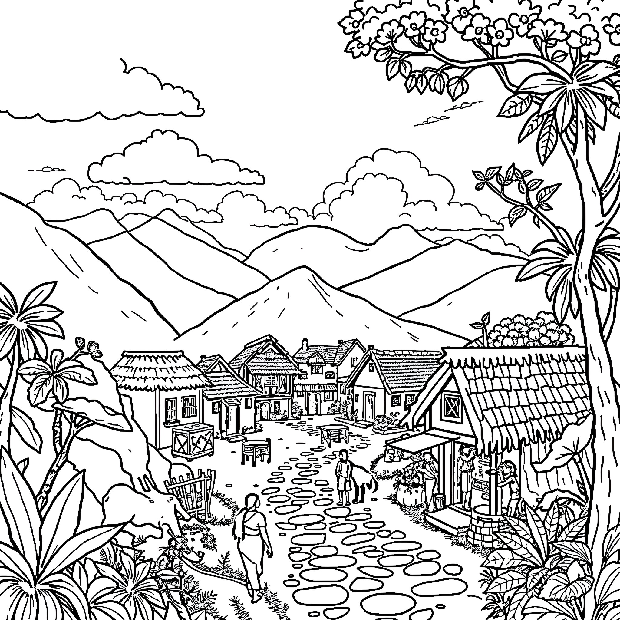 Mogali's Peaceful Village in the Mountains Coloring Page (free black-and-white line drawing printable PDF for all, from beginners to advanced learners, including children, teens, adults, and seniors)