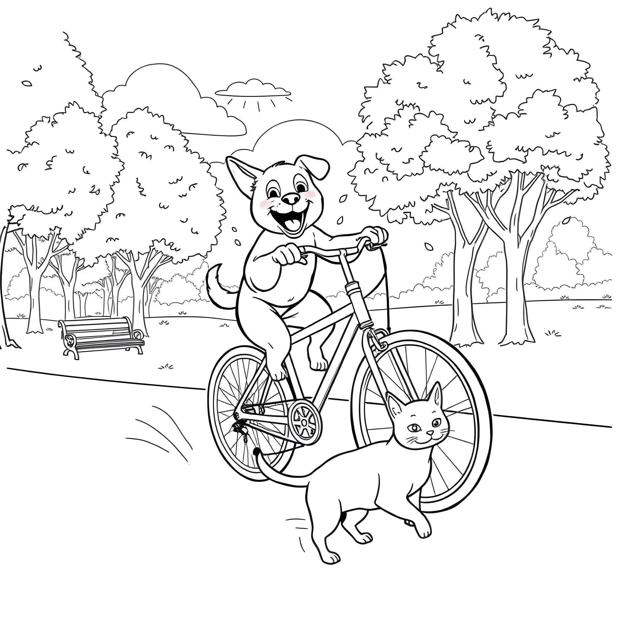 Dog riding bicycle with cat companion in park Coloring Page (free black-and-white line drawing printable PDF for all, from beginners to advanced learners, including children, teens, adults, and seniors)