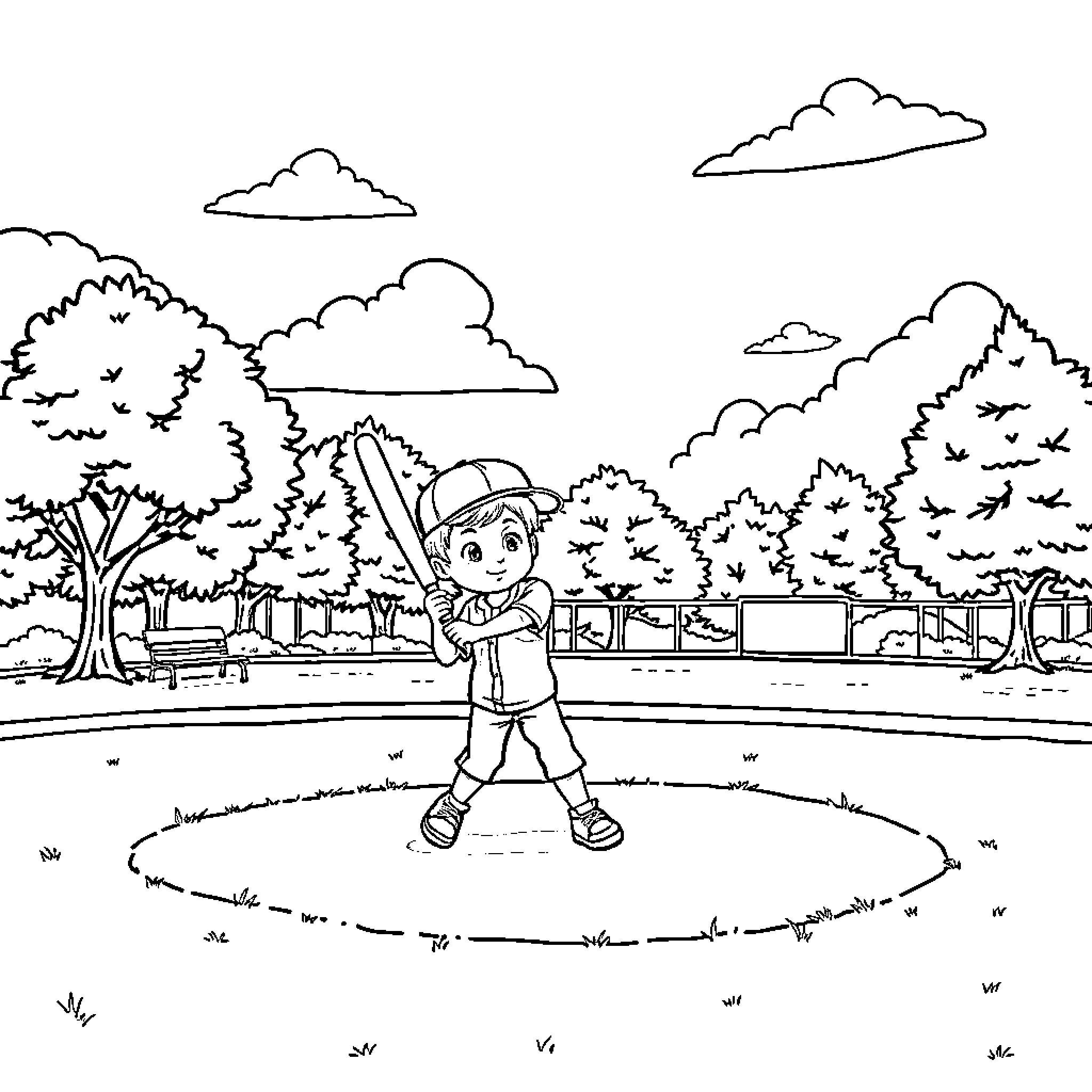 Boy exploring the outdoor park on a sunny day Coloring Page (free black-and-white line drawing printable PDF for all, from beginners to advanced learners, including children, teens, adults, and seniors)