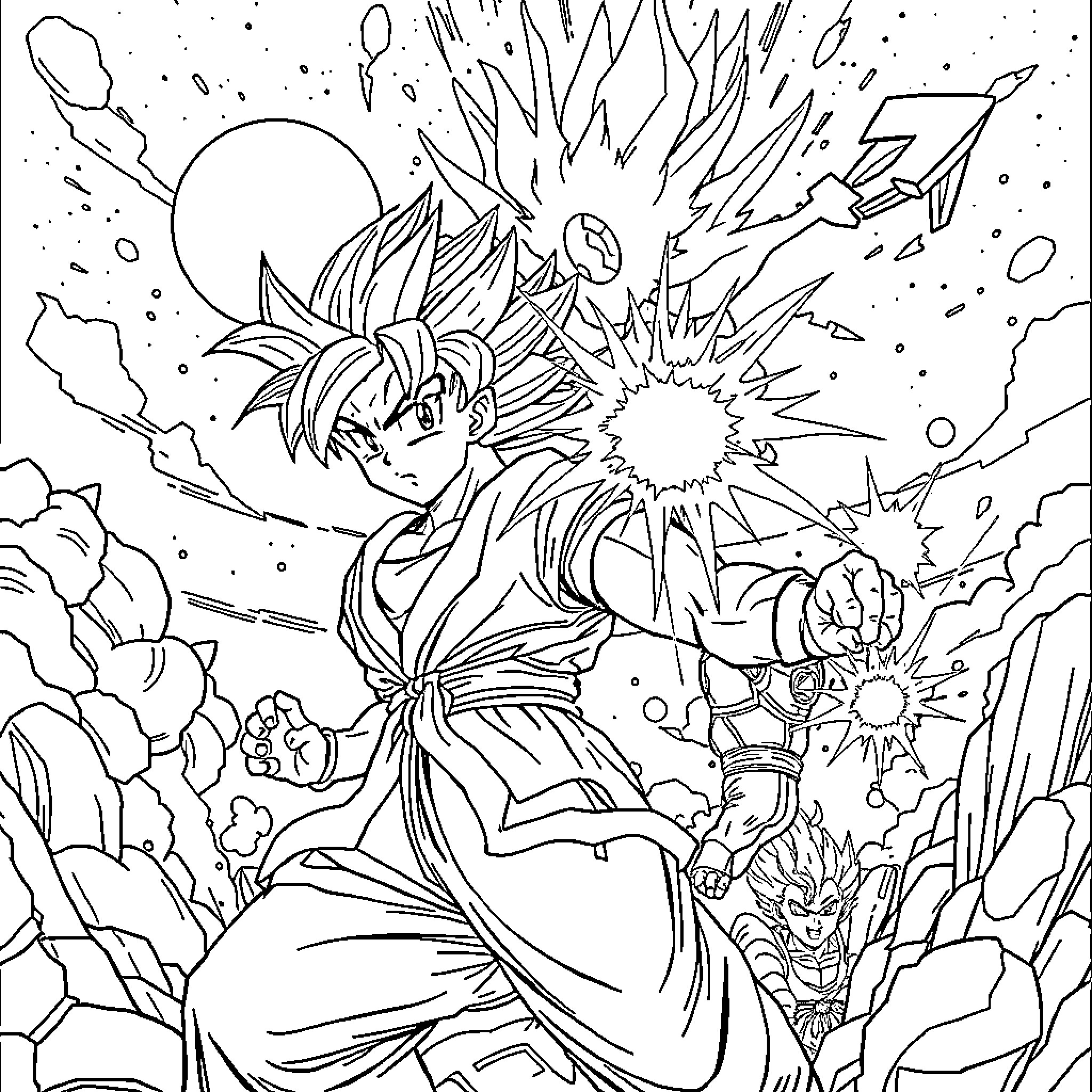 Dragon warrior's fiery battle in the cosmic realm Coloring Page (free black-and-white line drawing printable PDF for all, from beginners to advanced learners, including children, teens, adults, and seniors)