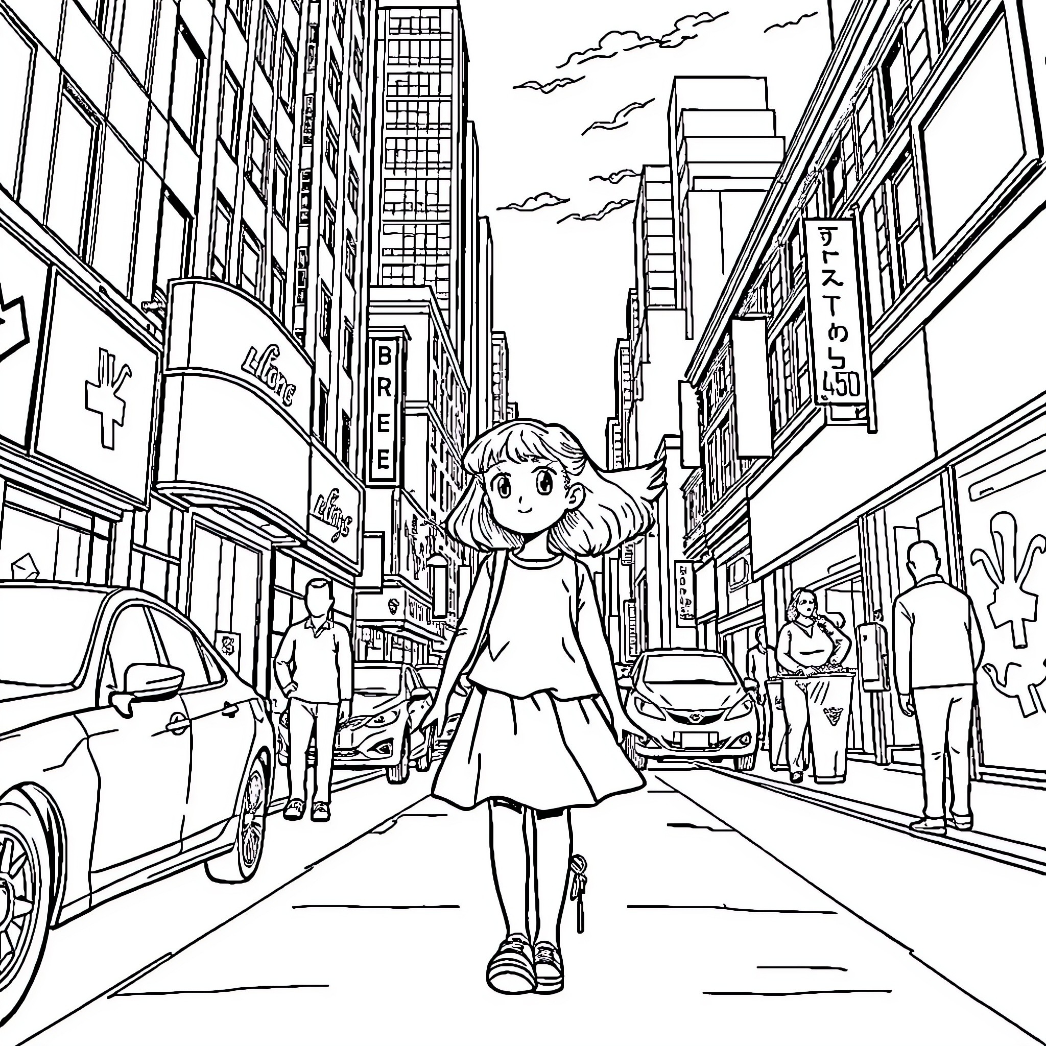 Girl enjoying a stroll through the busy city streets Coloring Page (free black-and-white line drawing printable PDF for all, from beginners to advanced learners, including children, teens, adults, and seniors)