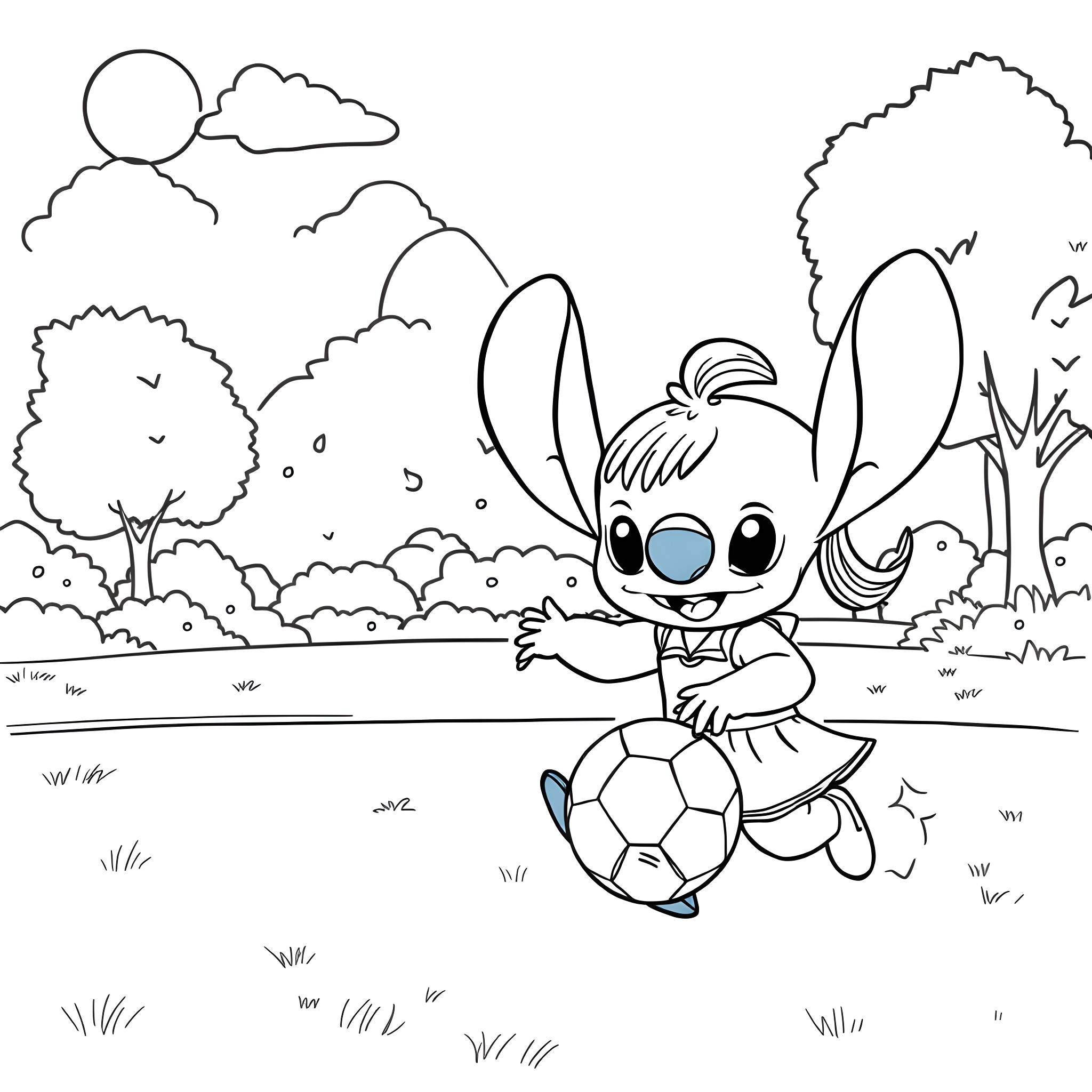 Stitch playing happily with a soccer ball in the park Coloring Page (free black-and-white line drawing printable PDF for all, from beginners to advanced learners, including children, teens, adults, and seniors)