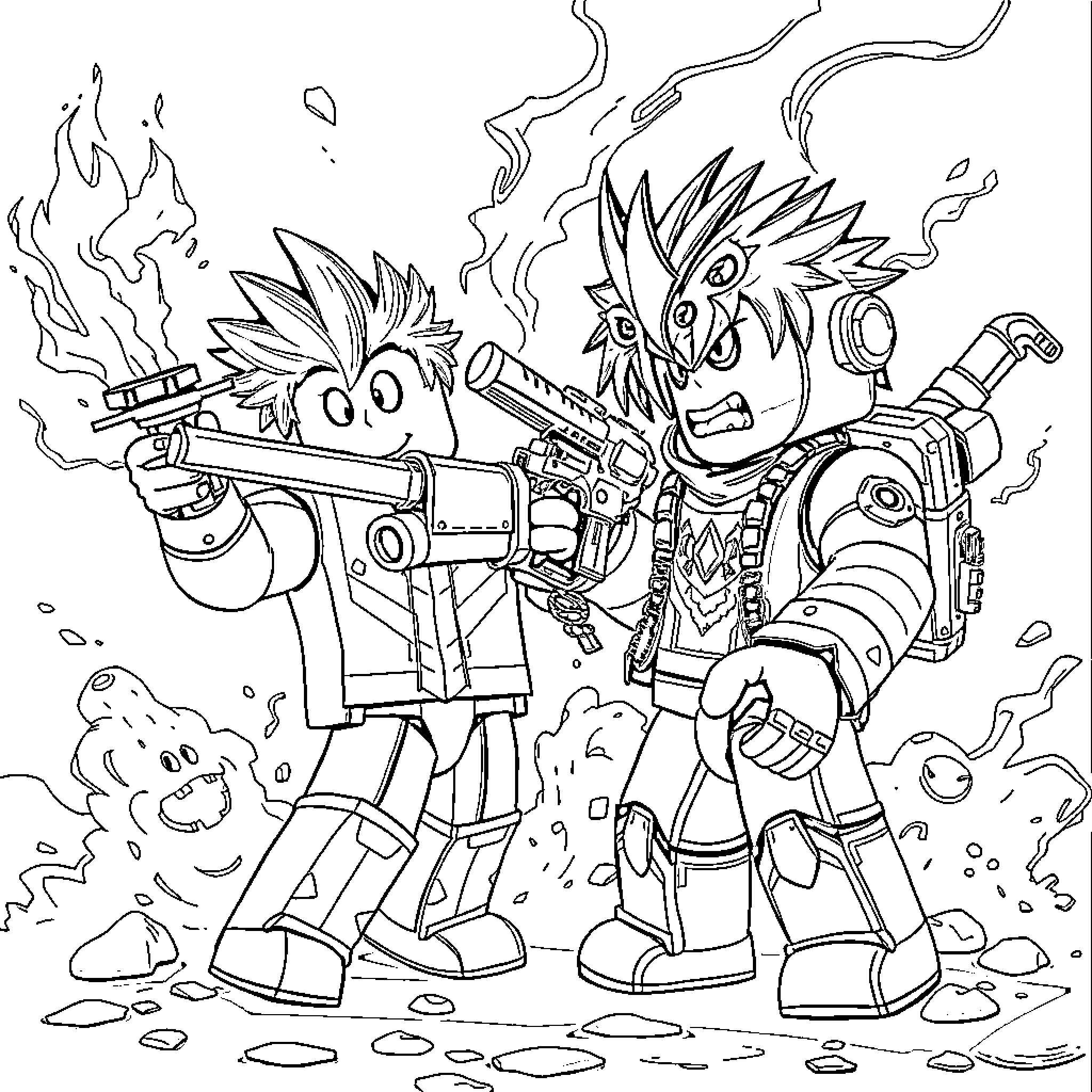 C00lkidd duo engage in epic weapon battle Coloring Page (free black-and-white line drawing printable PDF for all, from beginners to advanced learners, including children, teens, adults, and seniors)