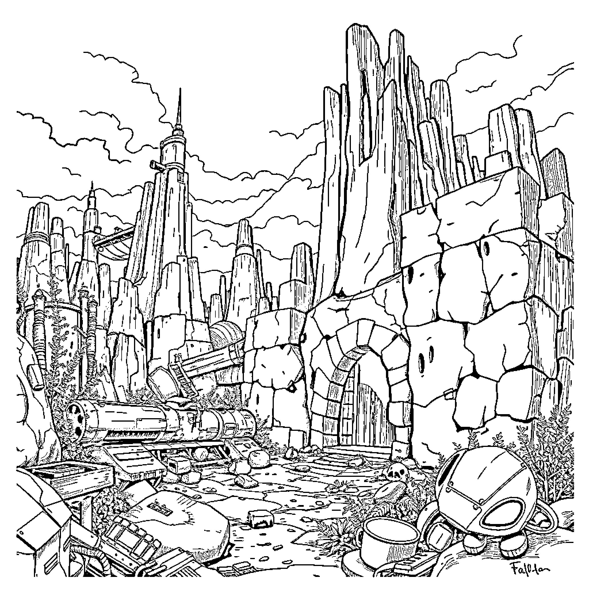 Fallout: Desolate Ruins and Abandoned Technology Coloring Page (free black-and-white line drawing printable PDF for all, from beginners to advanced learners, including children, teens, adults, and seniors)