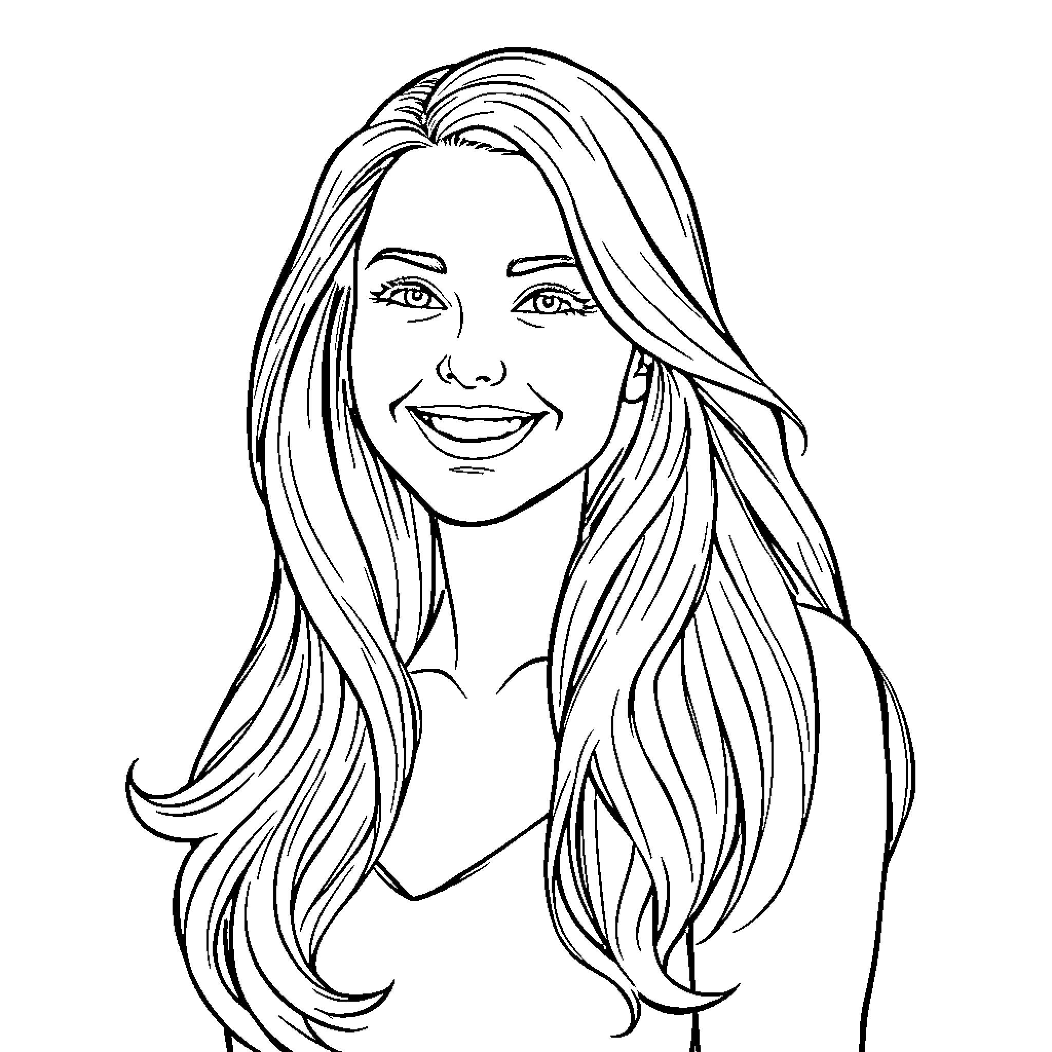 Evangeline Fox's Radiant Smile and Flowing Hair Coloring Page (free black-and-white line drawing printable PDF for all, from beginners to advanced learners, including children, teens, adults, and seniors)
