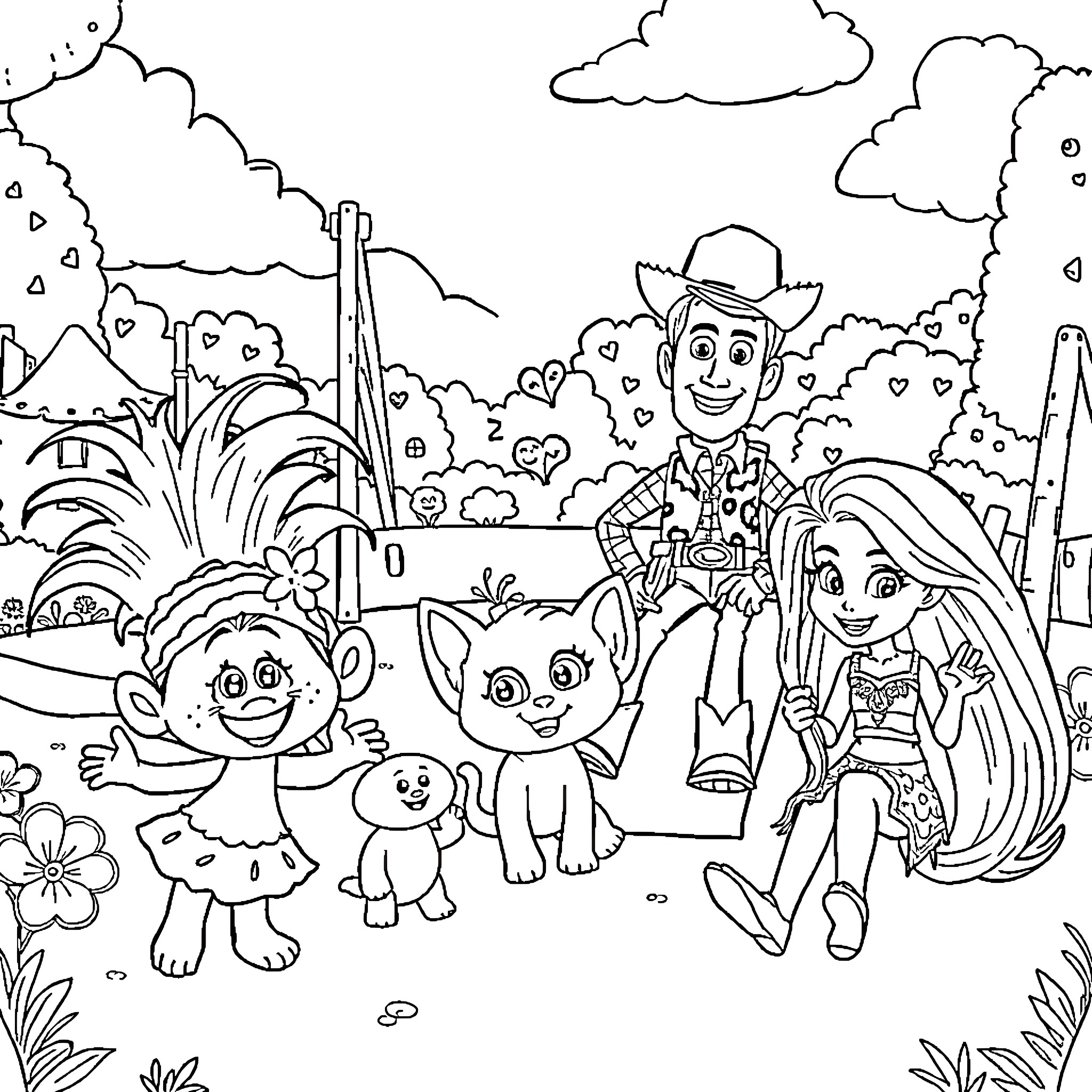 Poppy and friends explore the scenic landscape Coloring Page (free black-and-white line drawing printable PDF for all, from beginners to advanced learners, including children, teens, adults, and seniors)
