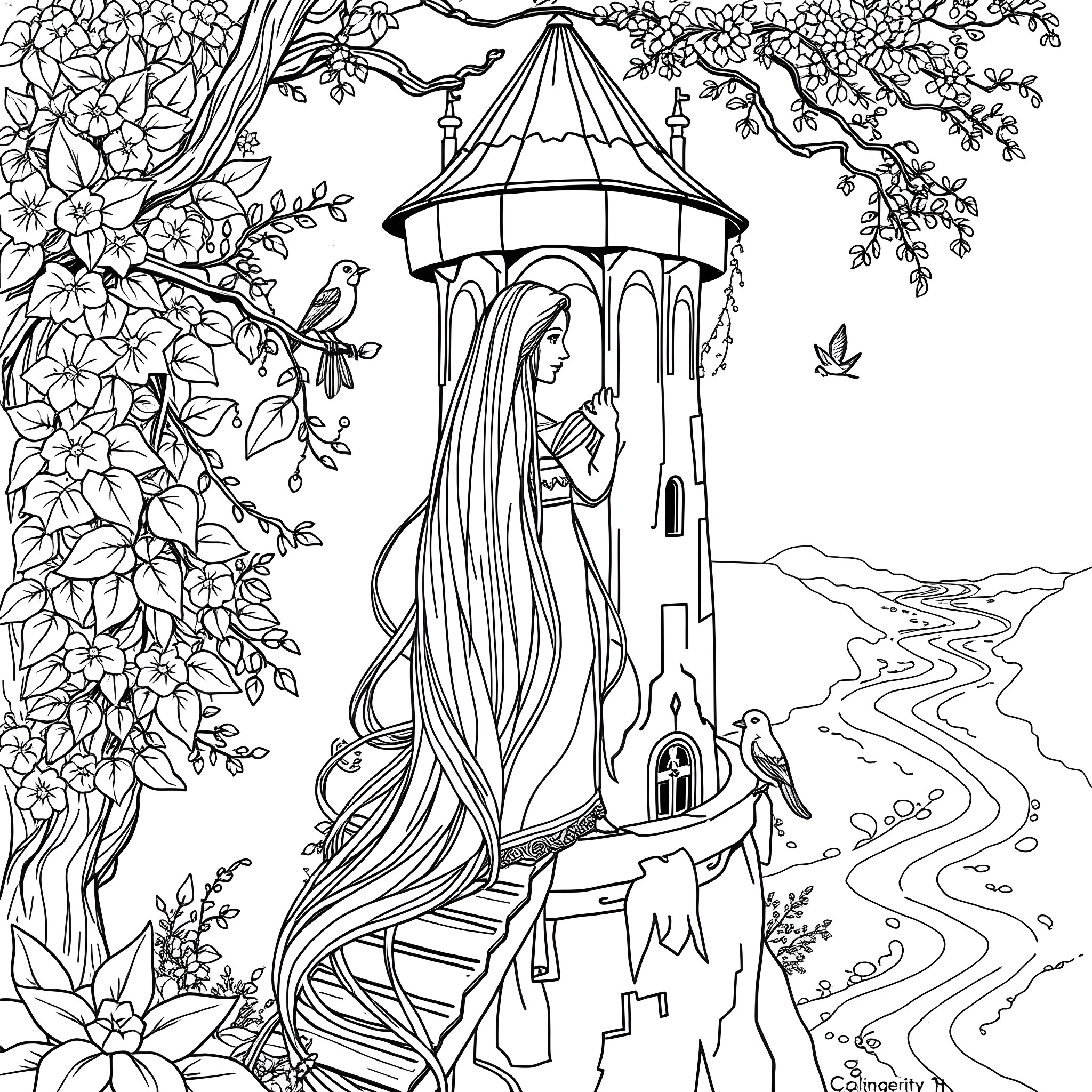 Rapunzel in her enchanted tower surrounded by nature Coloring Page (free black-and-white line drawing printable PDF for all, from beginners to advanced learners, including children, teens, adults, and seniors)