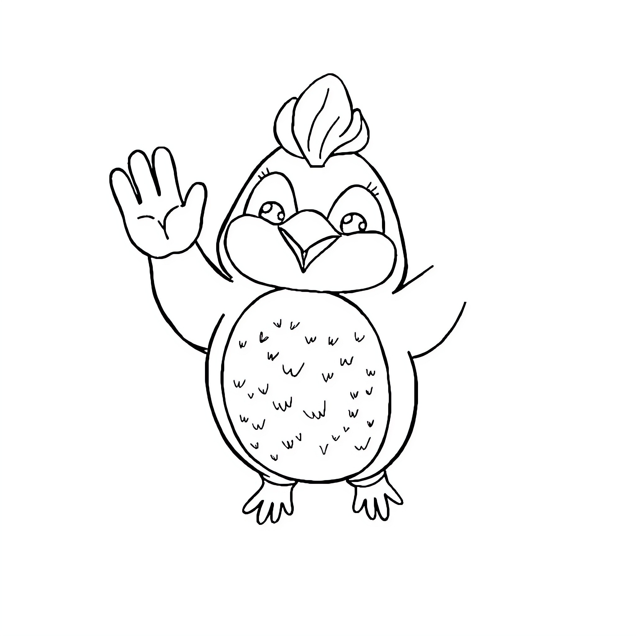 Hiu Cute Chick Waving Happily Coloring Page (free black-and-white line drawing printable PDF for all, from beginners to advanced learners, including children, teens, adults, and seniors)