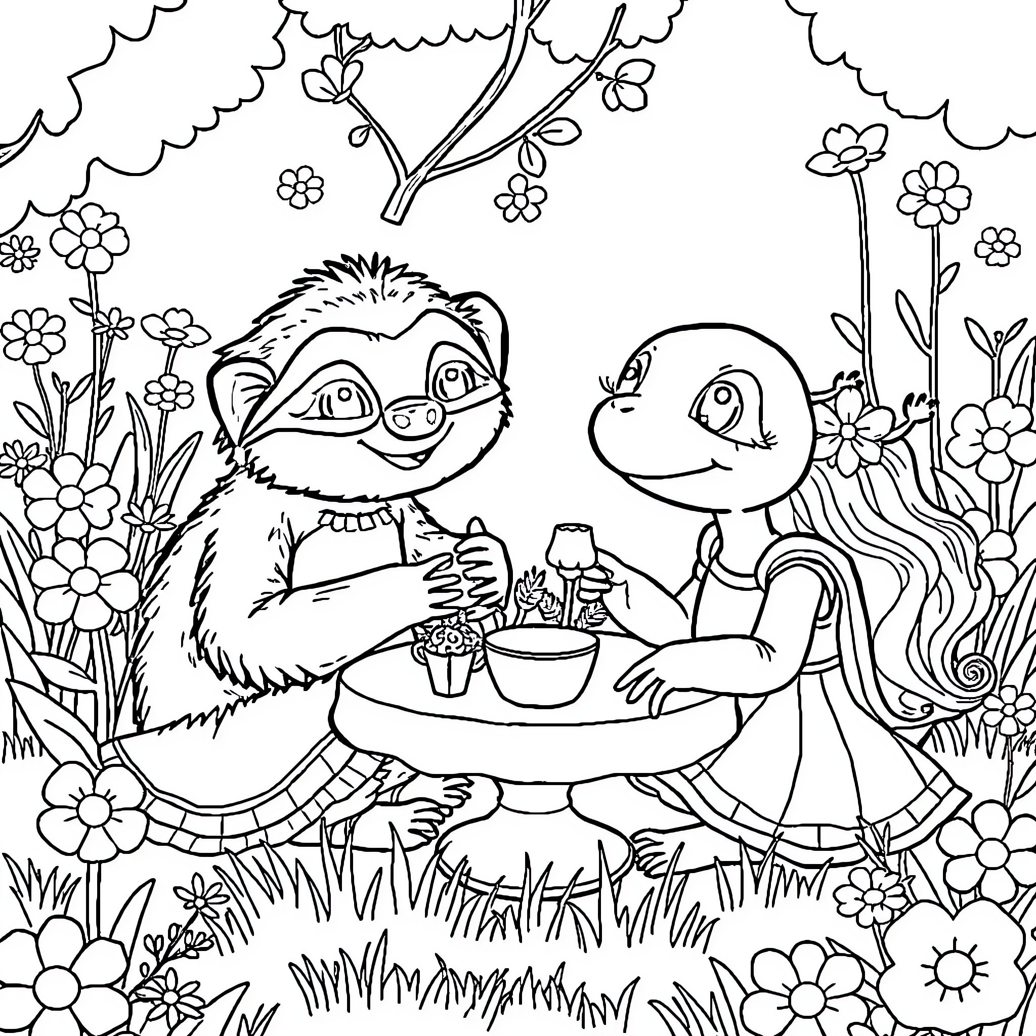 Sloth friends enjoying a picnic in the garden Coloring Page (free black-and-white line drawing printable PDF for all, from beginners to advanced learners, including children, teens, adults, and seniors)